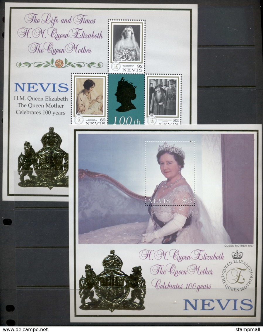 Nevis 2000 Queen Mother 100th Birthday 2xMS MUH - St.Kitts And Nevis ( 1983-...)