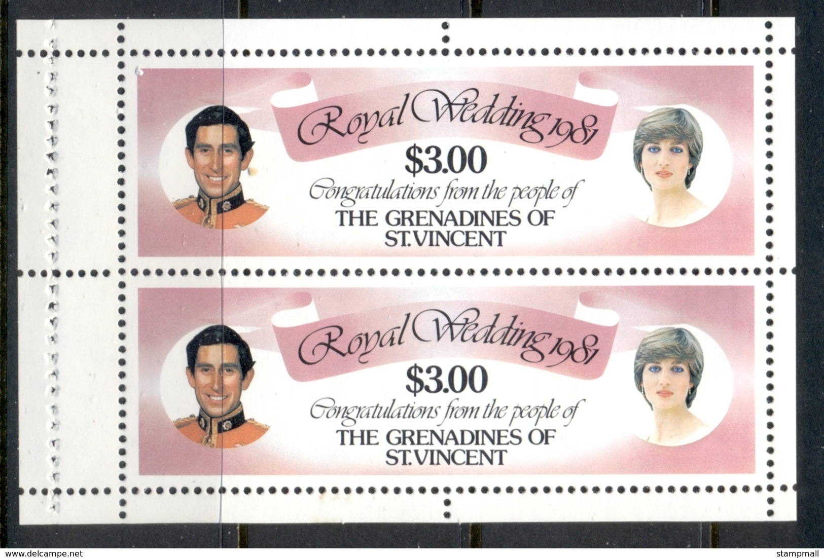 St Vincent Grenadines 1981 Royal Wedding Charles & Diana $3 Booklet Pane MUH - St.Vincent & Grenadines