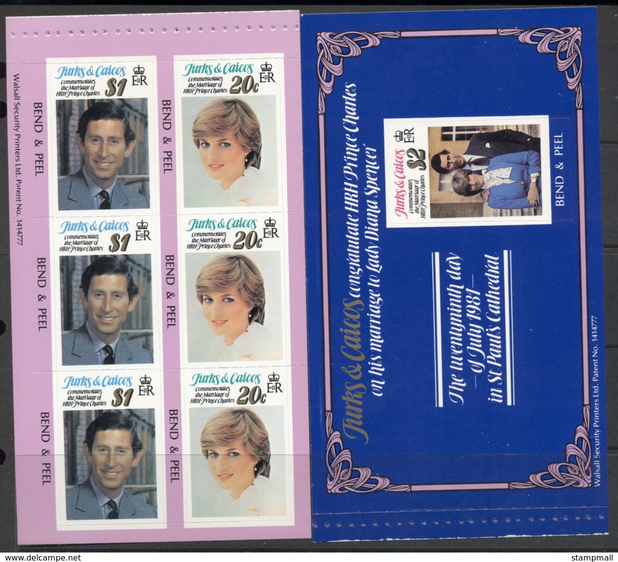 Turks & Caicos Is 1981 Royal Wedding Charles & Diana 2x P&S Booklet Panes MUH - Turks And Caicos