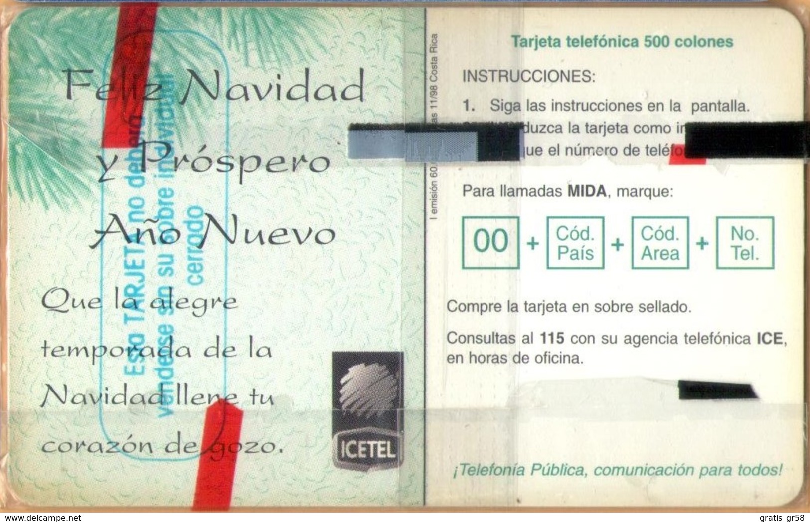 Costa Rica -  ICE, Test Proof, W/O Chip, Navidad 1998, San Nicolas, 11/98, Mint NSB TELMEX - Costa Rica