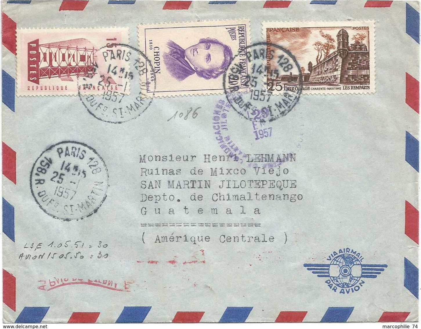 CHOPIN 20FR + 15FR+25FR LETTRE AVION PARIS 128 25.1.1957 POUR GUATEMALA AU TARIF - 1921-1960: Période Moderne