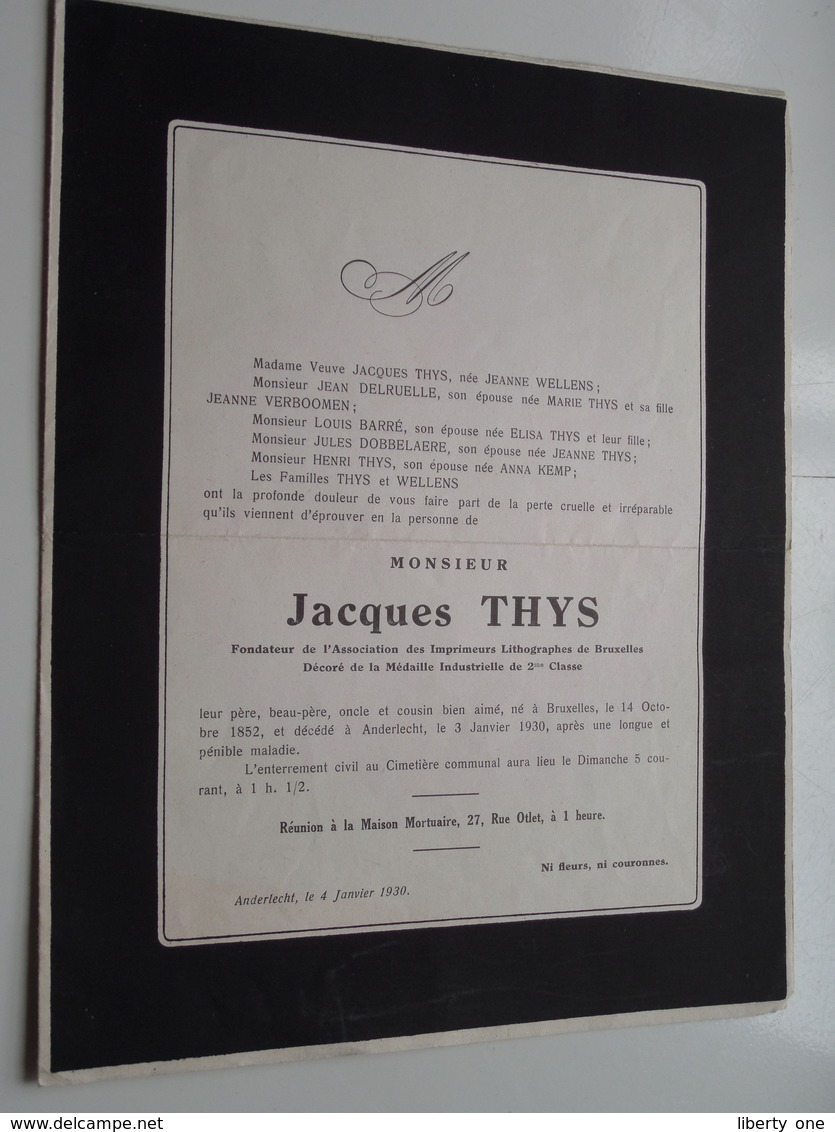 DB Jacques THYS () Bruxelles 14 Oct 1852 > Anderlecht 3 Jan 1930 ( Zie Photo ) ! - Décès