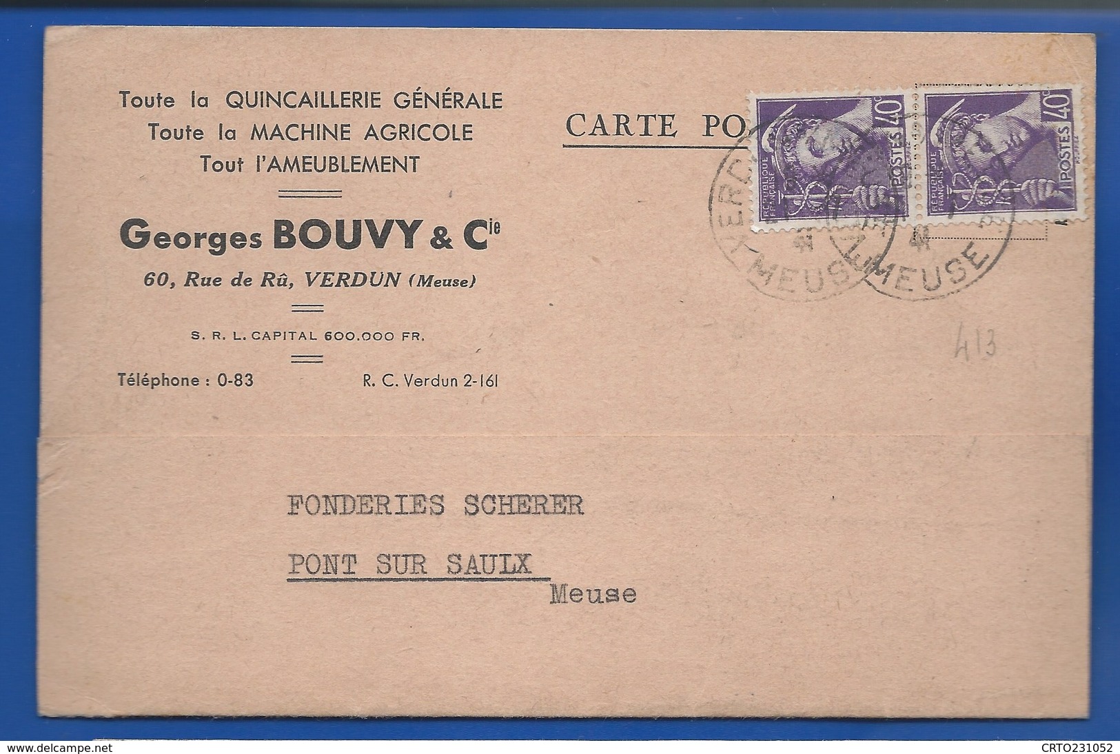 Carte à Entête D'Entreprise  Quincaillerie Georges BOUVY   60 Rue De Rû   écrite En 1941 - Verdun