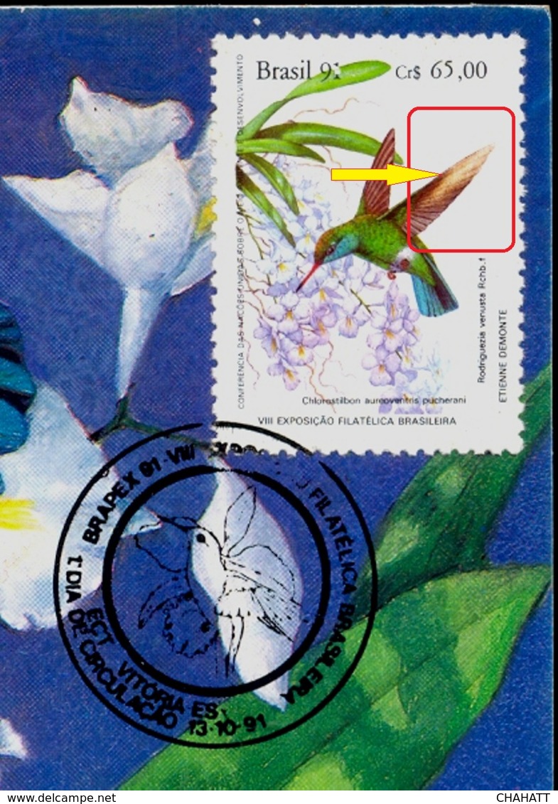 BIRDS- HUMMINGBIRDS- ERROR- MAXIMUM CARD- BRASIL-1991- BRAPEX VIII - EXTREMELY SCARCE- MNH - MC-100 - Colibris