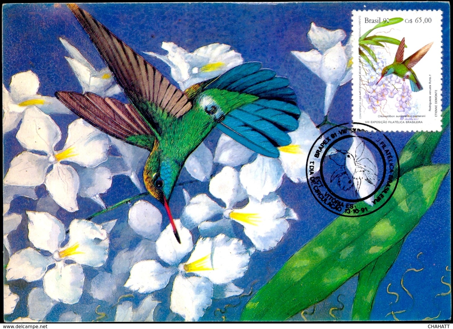 BIRDS- HUMMINGBIRDS- ERROR- MAXIMUM CARD- BRASIL-1991- BRAPEX VIII - EXTREMELY SCARCE- MNH - MC-100 - Colibris