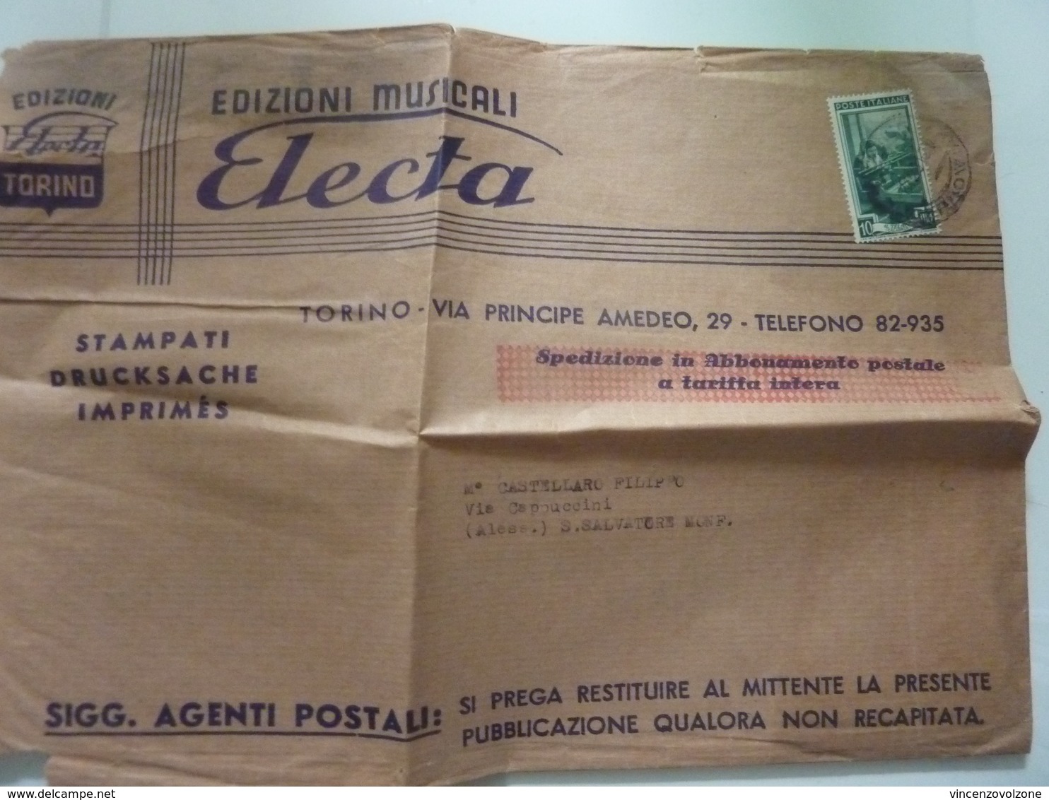 Busta Viaggiata Pubblicitaria "EDIZIONI MUSICALI ELECTA" 1954 - 1946-60: Storia Postale