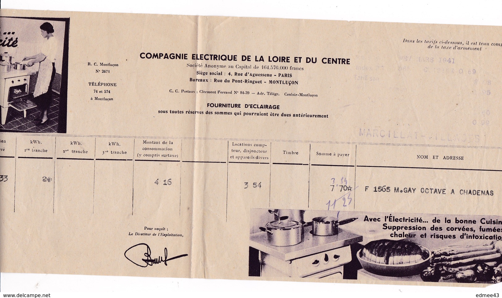 Facture 1941 Cie Electrique De La Loire Et Du Centre, Rue Du Pont-Ringuet, Montluçon - Electricity & Gas