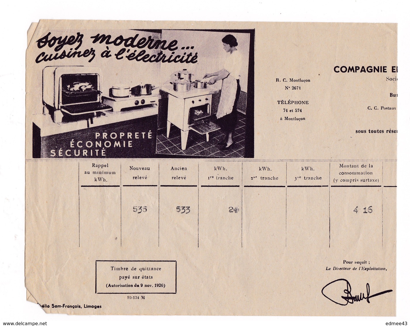 Facture 1941 Cie Electrique De La Loire Et Du Centre, Rue Du Pont-Ringuet, Montluçon - Electricity & Gas