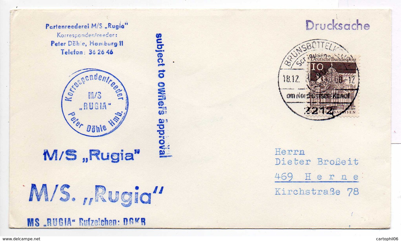 - Lettre Brunsbüttel (Allemagne) - Paquebot M/S RUGIA 18.12.1968 - - Briefe U. Dokumente