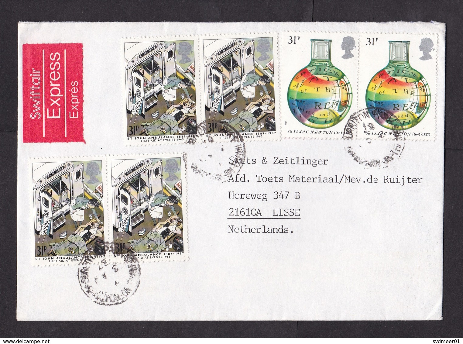 UK: Swiftair Express Cover To Netherlands, 1987, 6 Stamps, Newton, Ambulance, Rare 1.86 Rate, Label (traces Of Use) - Brieven En Documenten