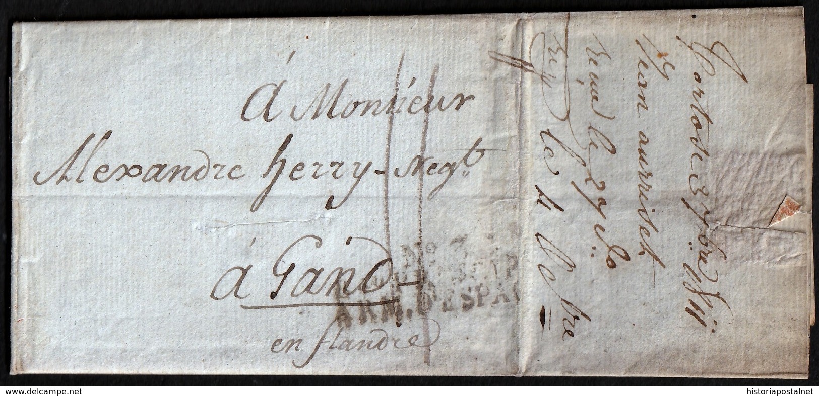 1811. TORTOSA A GANTE. MARK "Nº 3/BAU PRINCIPAL/ARM.D'ESPAGNE" (IX-83). PORTEO MNS. "11" DÉCIMAS. DESINFECTADA. INÉDITA. - Sellos De La Armada (antes De 1900)