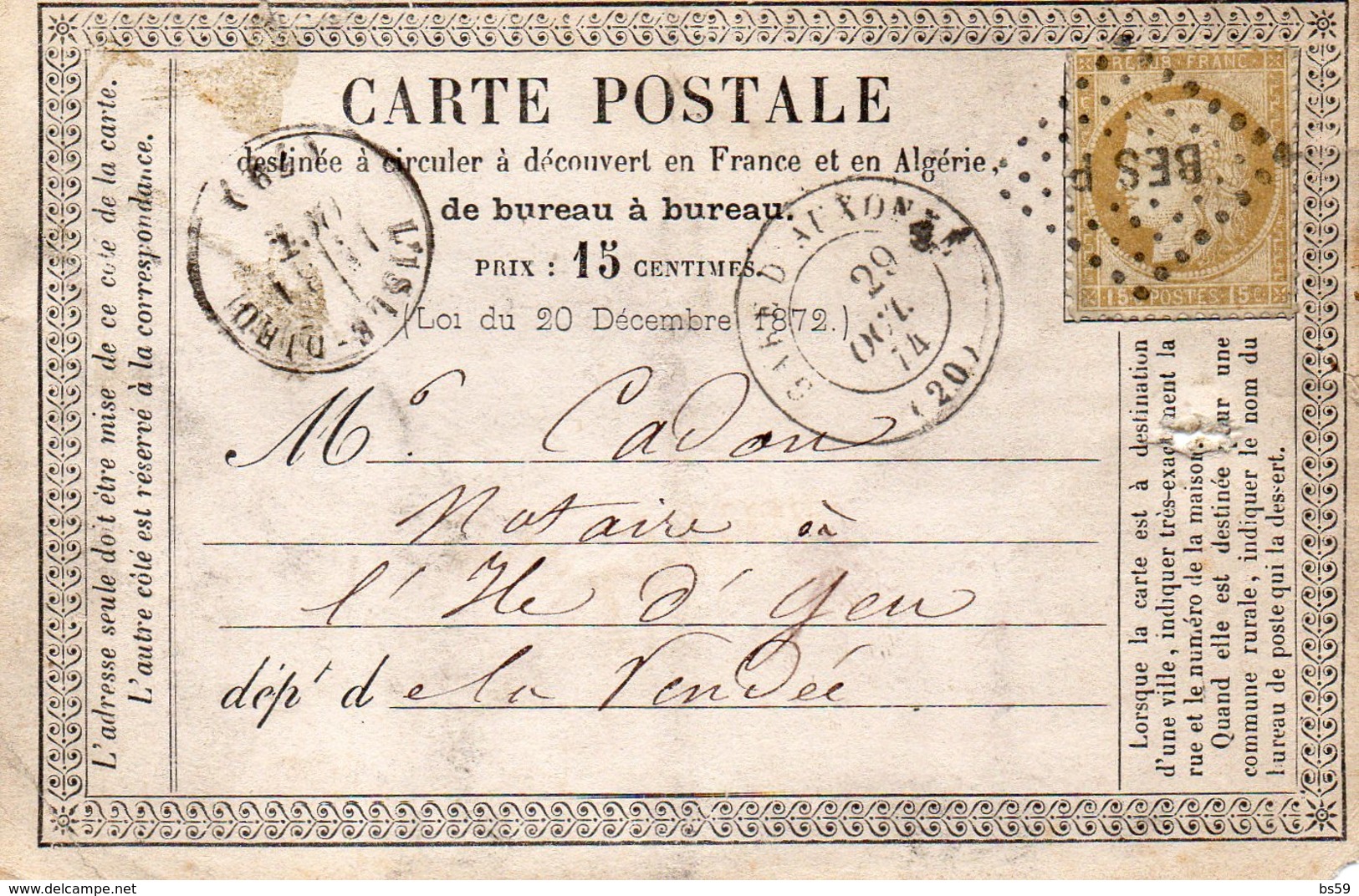 Côte-d'Or - CPP Affr N° 55 Obl Ambulant BES P - Càd Type 17 Gare D'Auxonne - 1849-1876: Période Classique