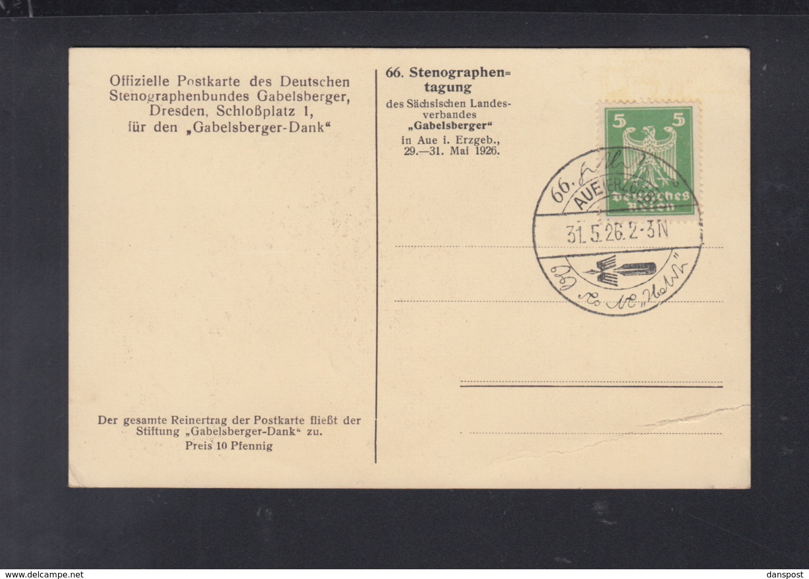 Dt. Reich Off. PK Des Deutschen Stenographenbundes Gabelsberger Dresden 1926 - Storia Postale