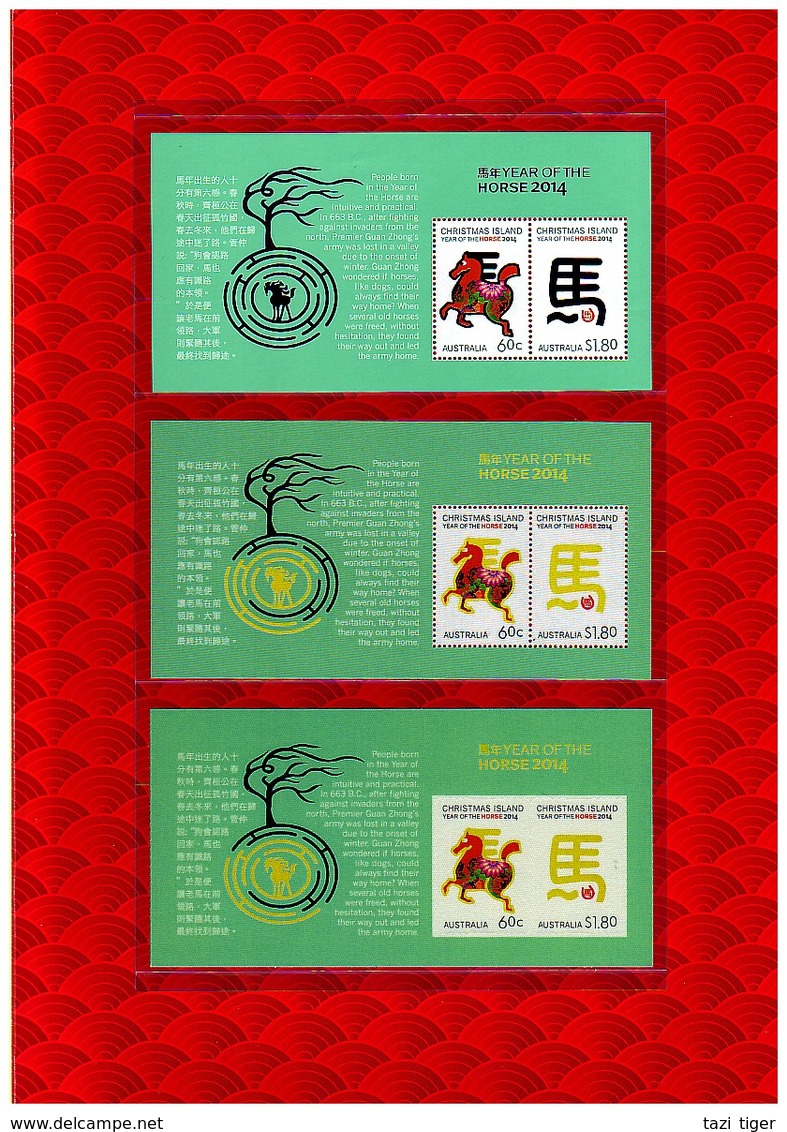 CHRISTMAS ISLAND, AUSTRALIA • 2014 • Year Of The Horse Stamp Pack With M/S (3) P&S With Mesh Perfs, Silk Printed & Ord. - Christmas Island