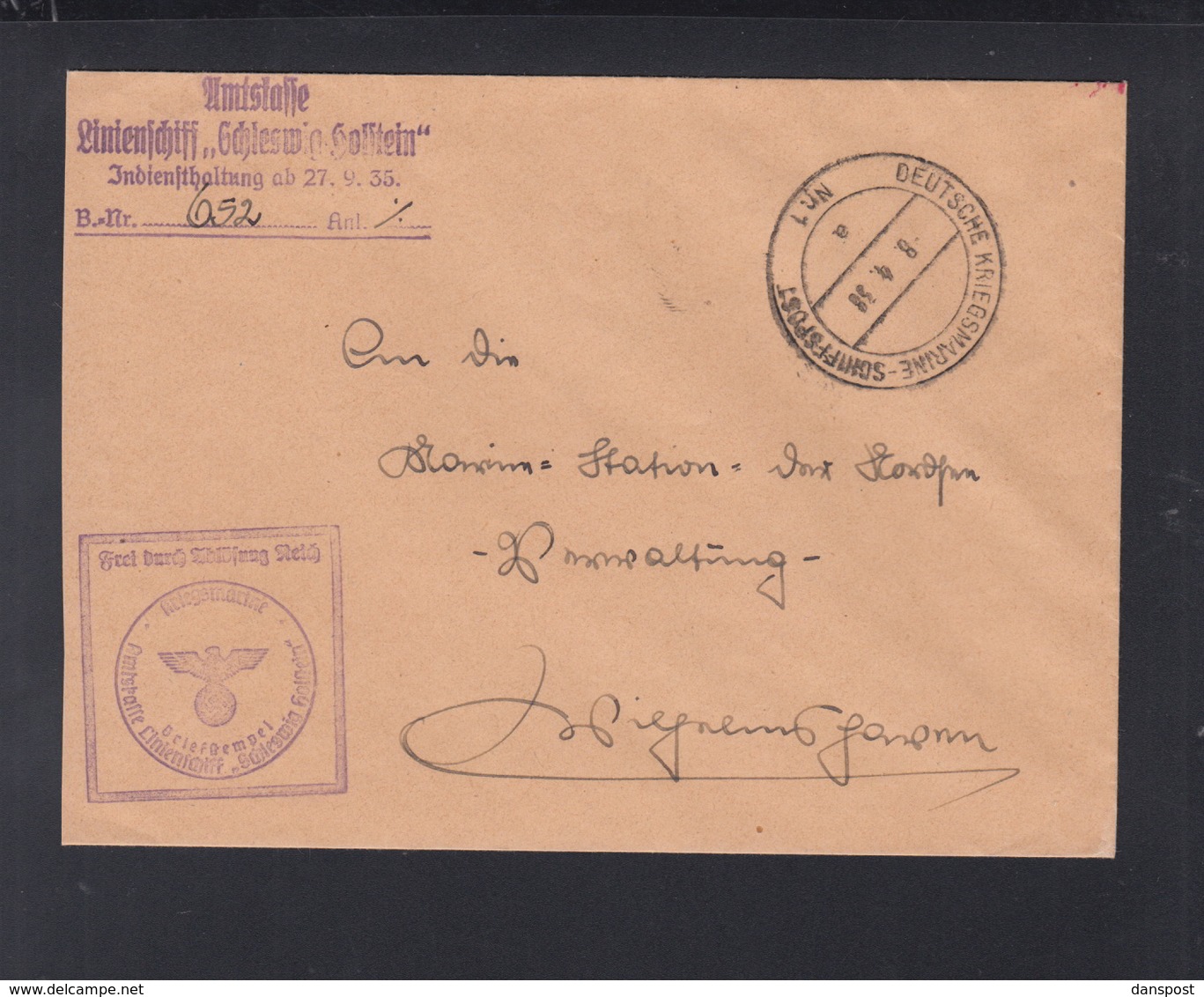 Dt. Reich Kriegsmarine Schiffspost 1938 Linienschiff Schleswig Holstein - Briefe U. Dokumente