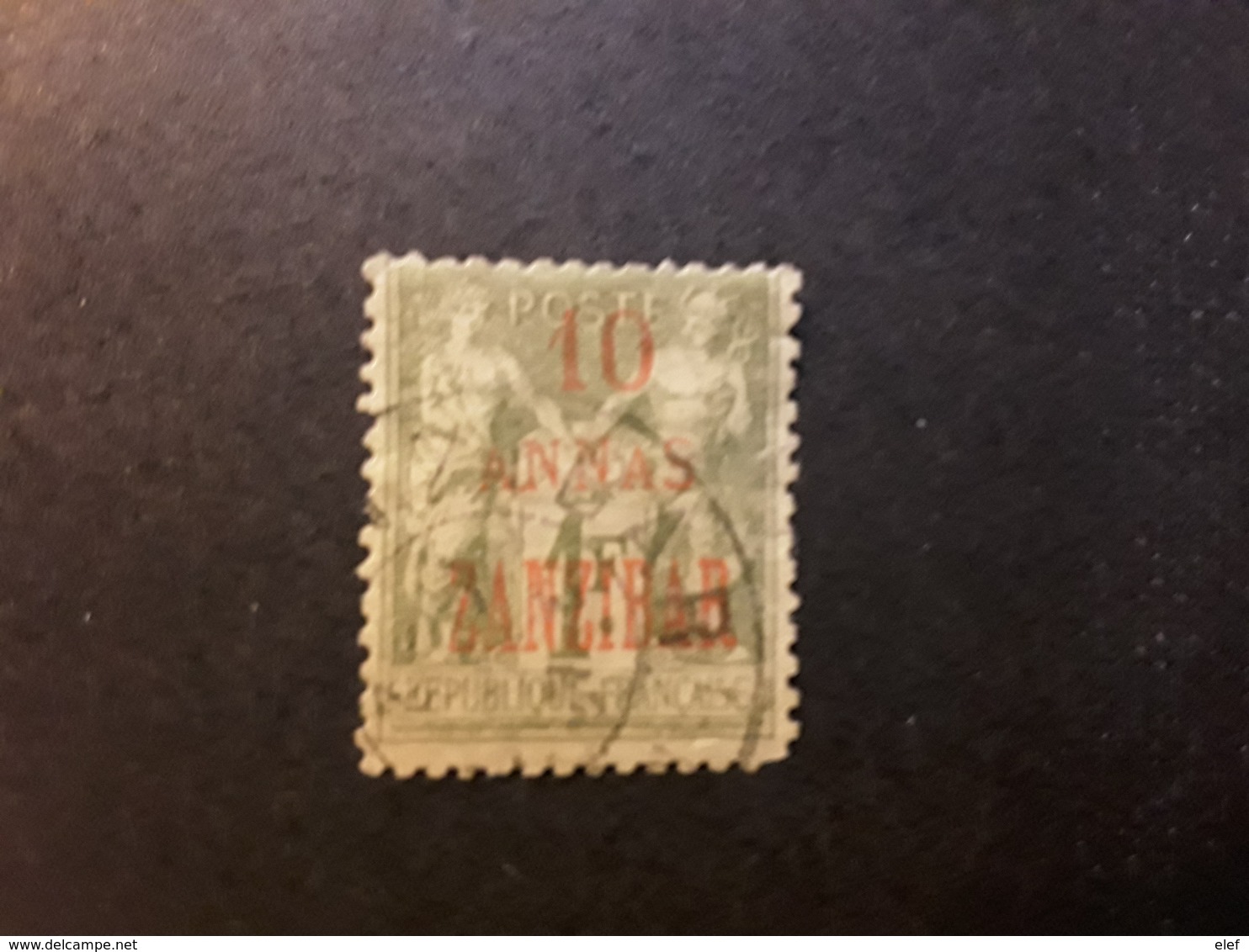 ZANZIBAR , 1896, Type SAGE Surchargé ,  Yvert No 29, 10 Annas Sur  1 F Vert Olive Obl BTB, Une Dent Courte - Usados