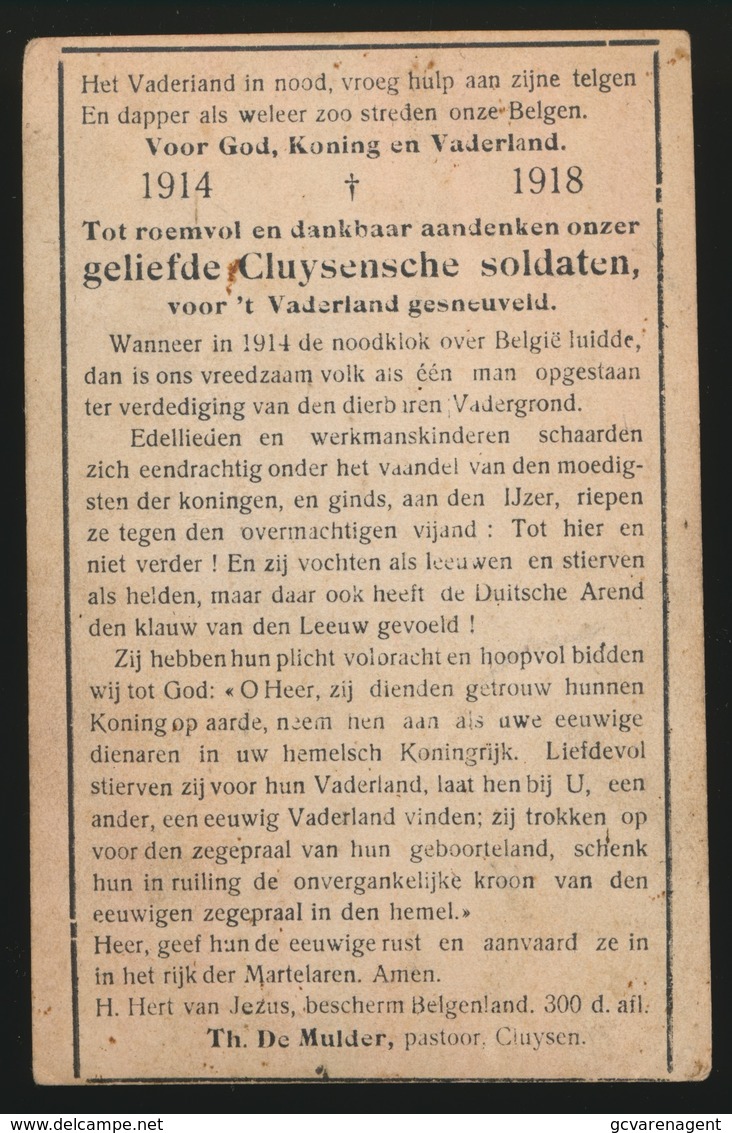 OORLOG 1914 - KLUIZEN - VOOR GOD EN VADERLAND 1914-191! ROEMVOL EN DANKBAAR AANDENKEN ONZER GELIEFDE CLUYSENDE SOLDATEN - Décès