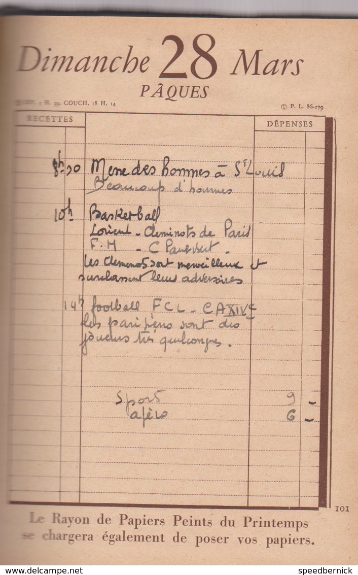 Journal de bord de Paul Le Coz - Loctudy- ecole Mousses - sur agenda Printemps 1937 bateau marin football