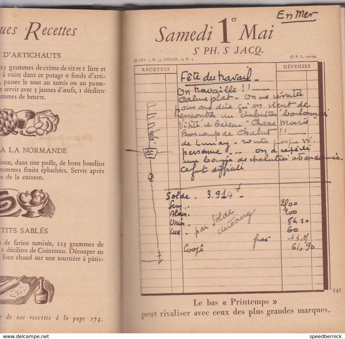 Journal de bord de Paul Le Coz - Loctudy- ecole Mousses - sur agenda Printemps 1937 bateau marin football