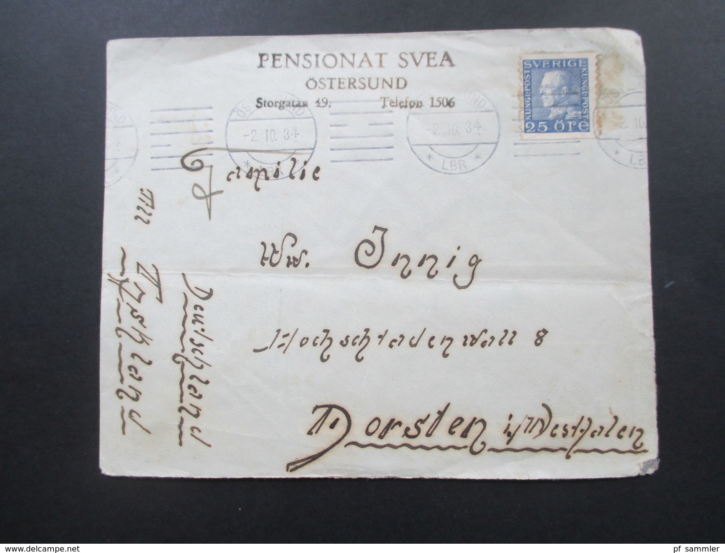 Schweden 1934 Beleg Pensionat Svea Östersund Nach Dorsten! Östersund Poste - Restante Sverige - Lettres & Documents