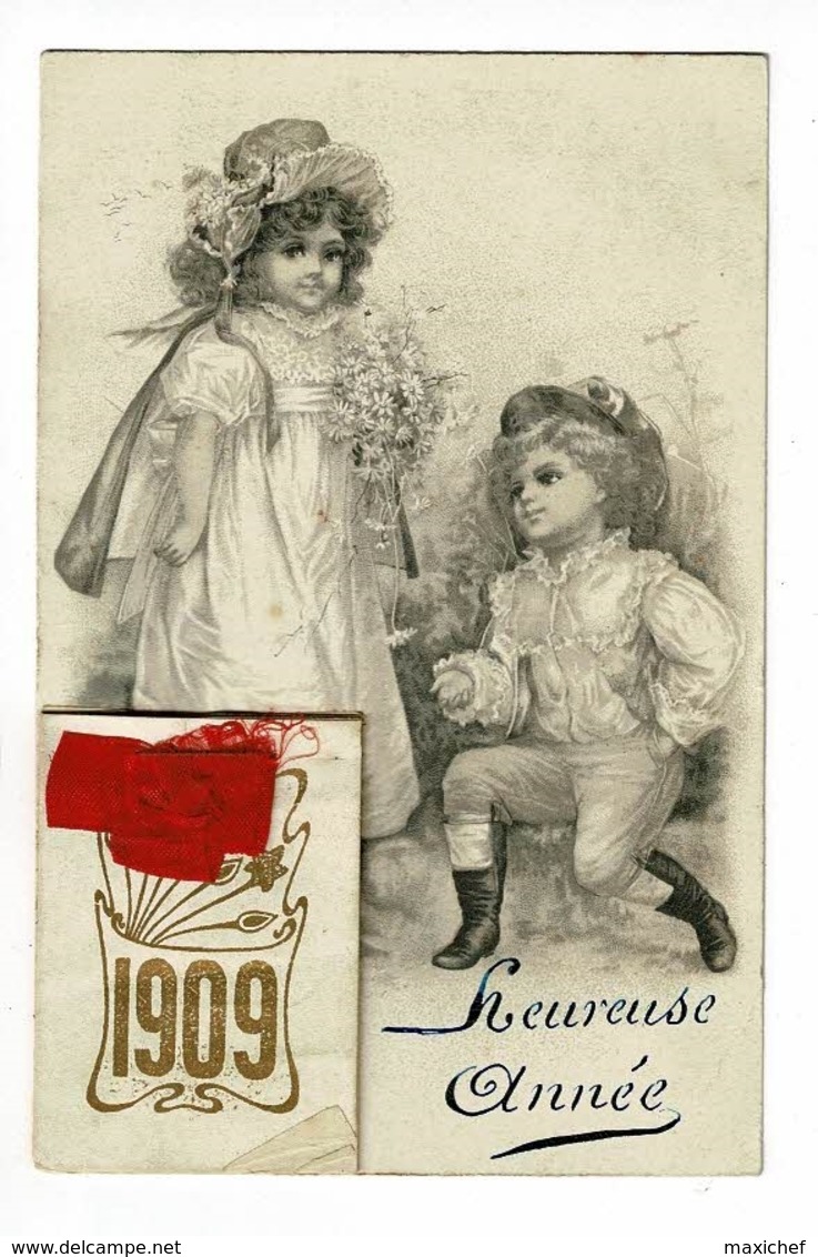 Carte Illustrée Avec Collage Calendrier 1909, Ruban Rouge "Heureuse Année" - Circulé Sans Date - Thanksgiving