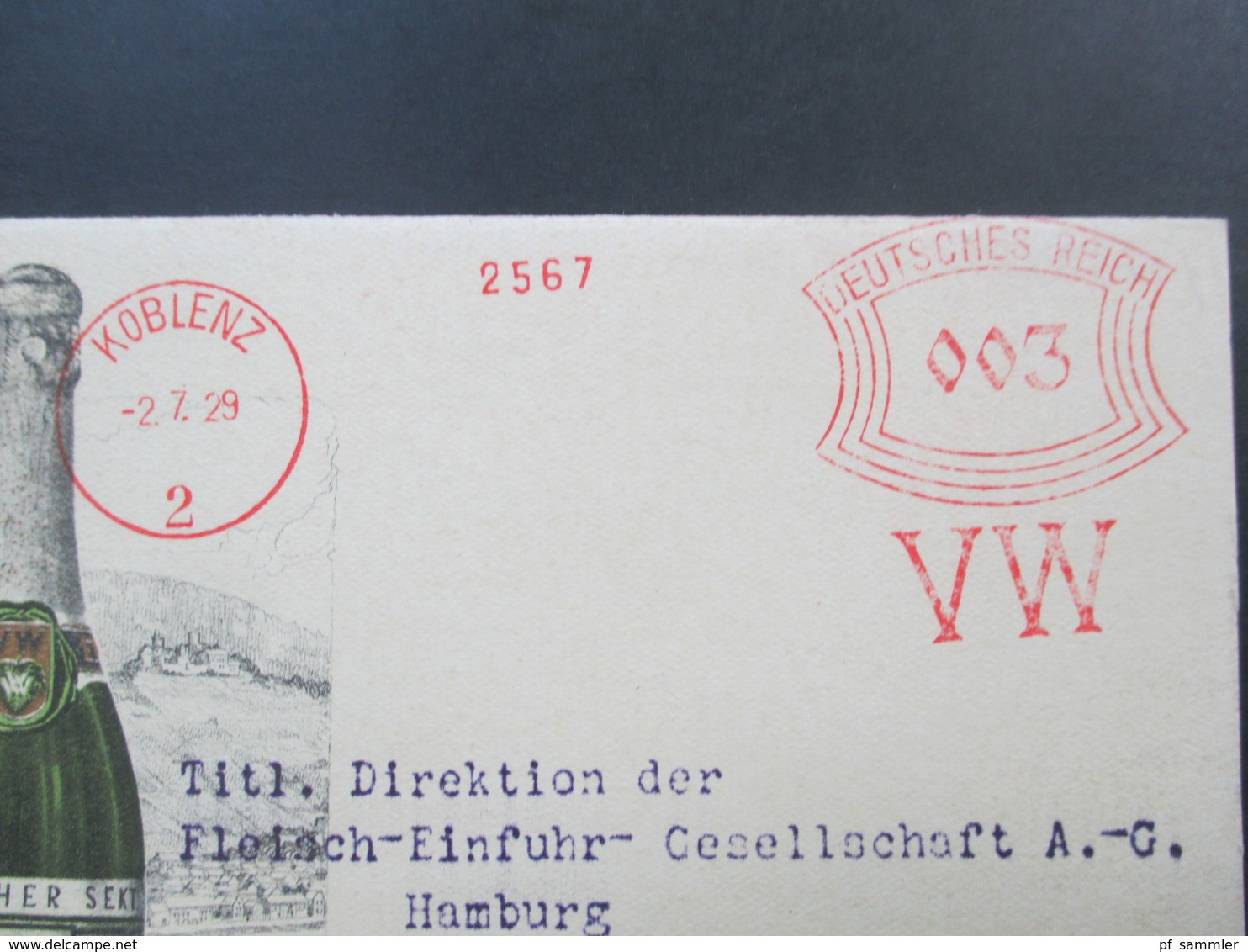 Deutsches Reich 1929 Werbepostkarte Doppelkarte Deutscher Sekt Freistempel VW / Vereinigte Weingutsbesitzer Koblenz - Werbepostkarten