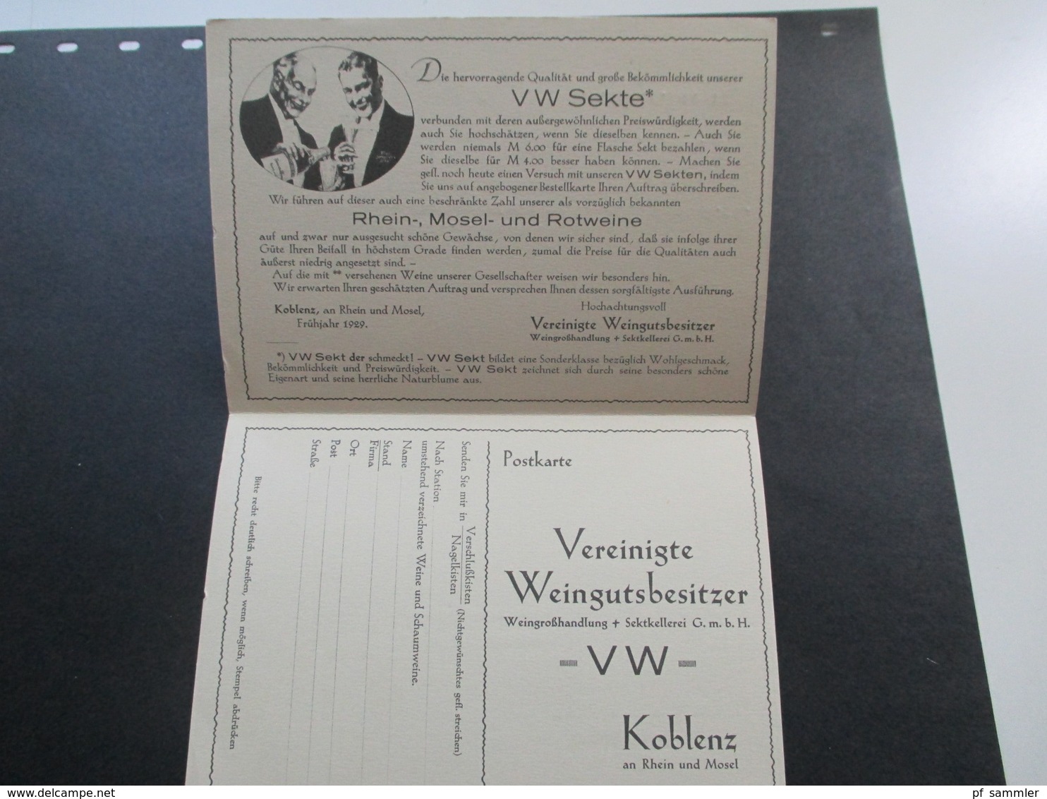 Deutsches Reich 1929 Werbepostkarte Doppelkarte Deutscher Sekt Freistempel VW / Vereinigte Weingutsbesitzer Koblenz