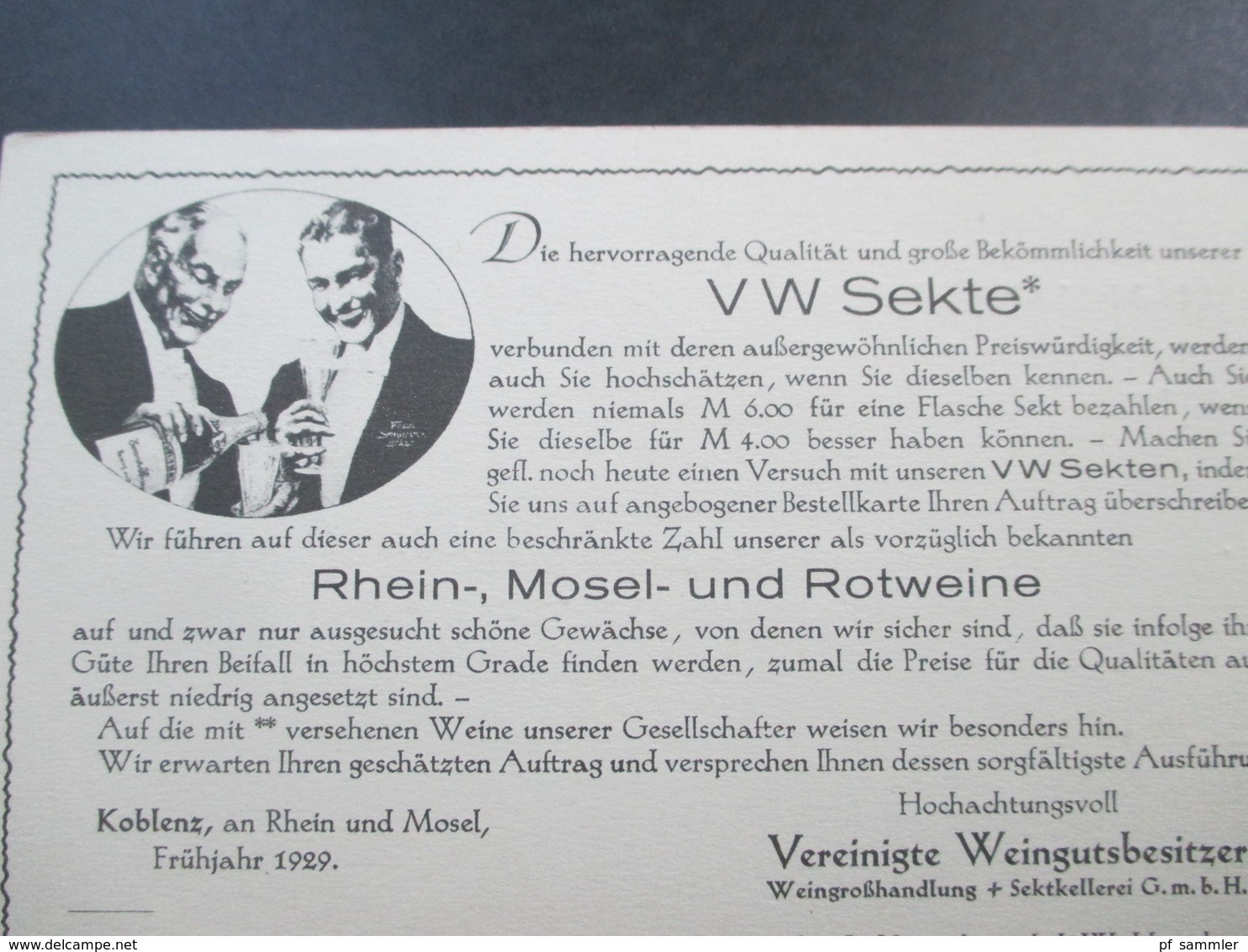 Deutsches Reich 1929 Werbepostkarte Doppelkarte Deutscher Sekt Freistempel VW / Vereinigte Weingutsbesitzer Koblenz