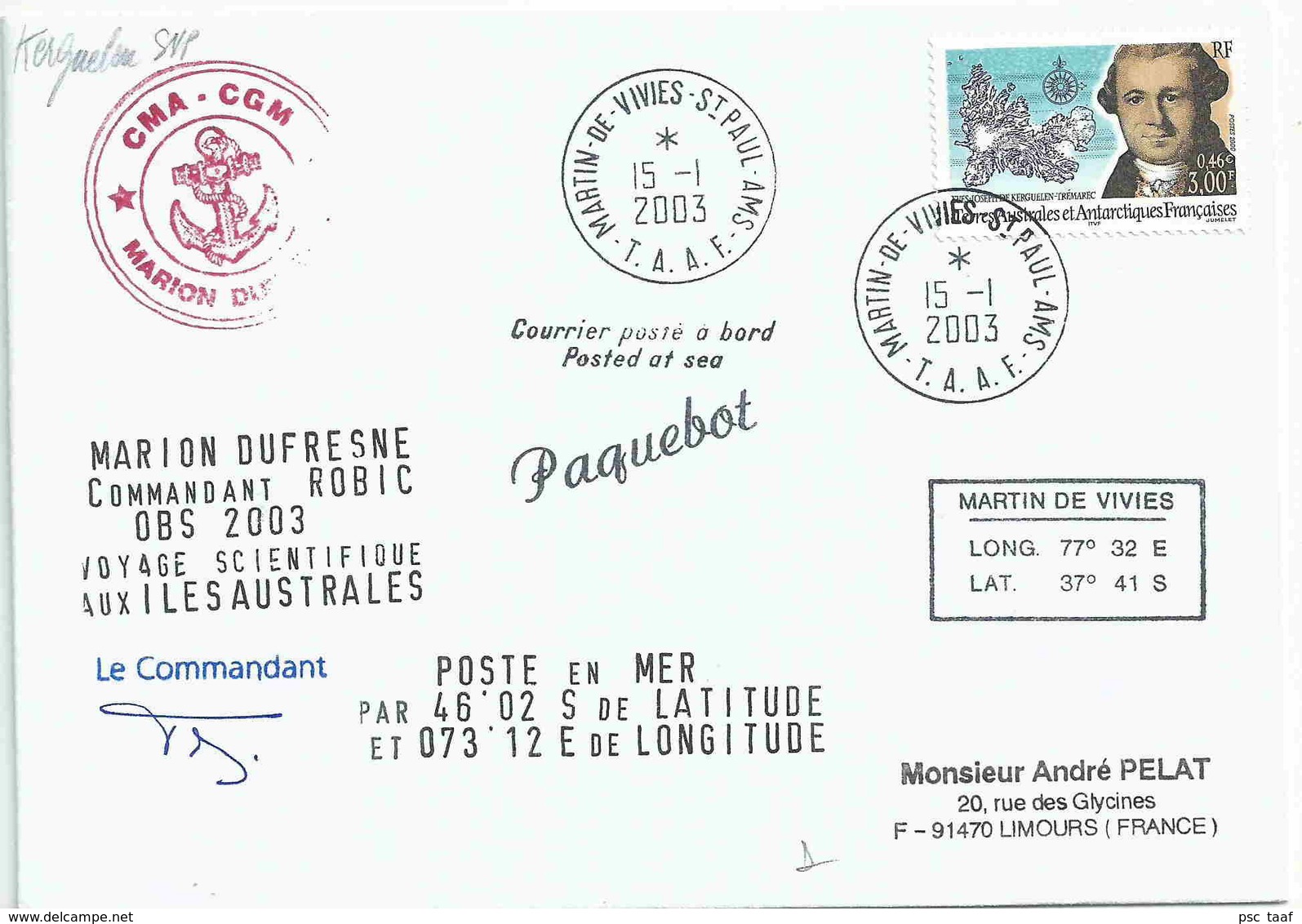 YT 273 - Yves Joseph De Kerguelen Trémarec - Lettre Postée à Bord Du MD - Martin De Viviès - St Paul Amterdam - 15/01/03 - Lettres & Documents