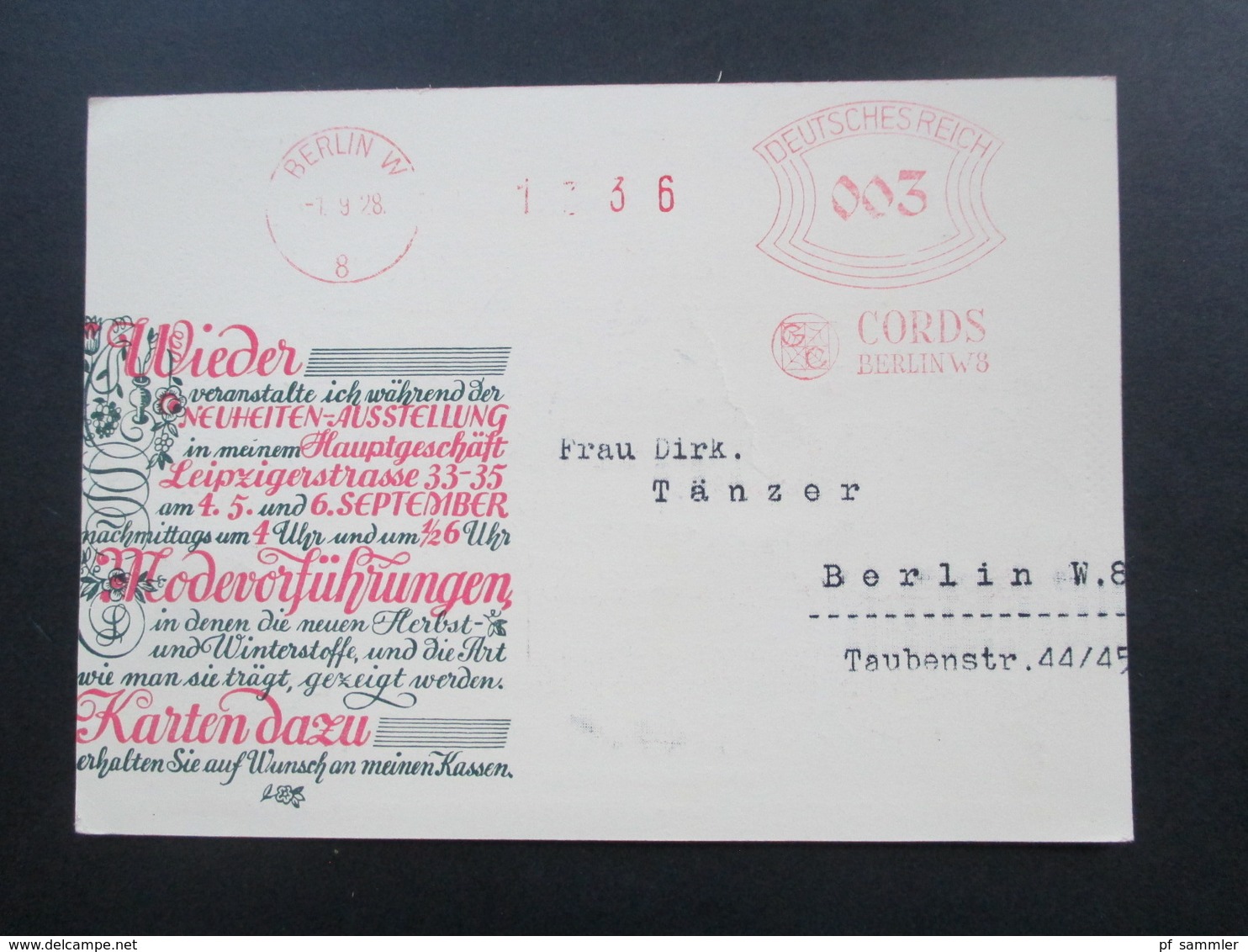 DR 1928 Werbepostkarte Cords Berlin W 8 Einladung Zur Präsentation Der Stoffneuheiten! Kleiderstoffe. Roter Freistempel - Advertising