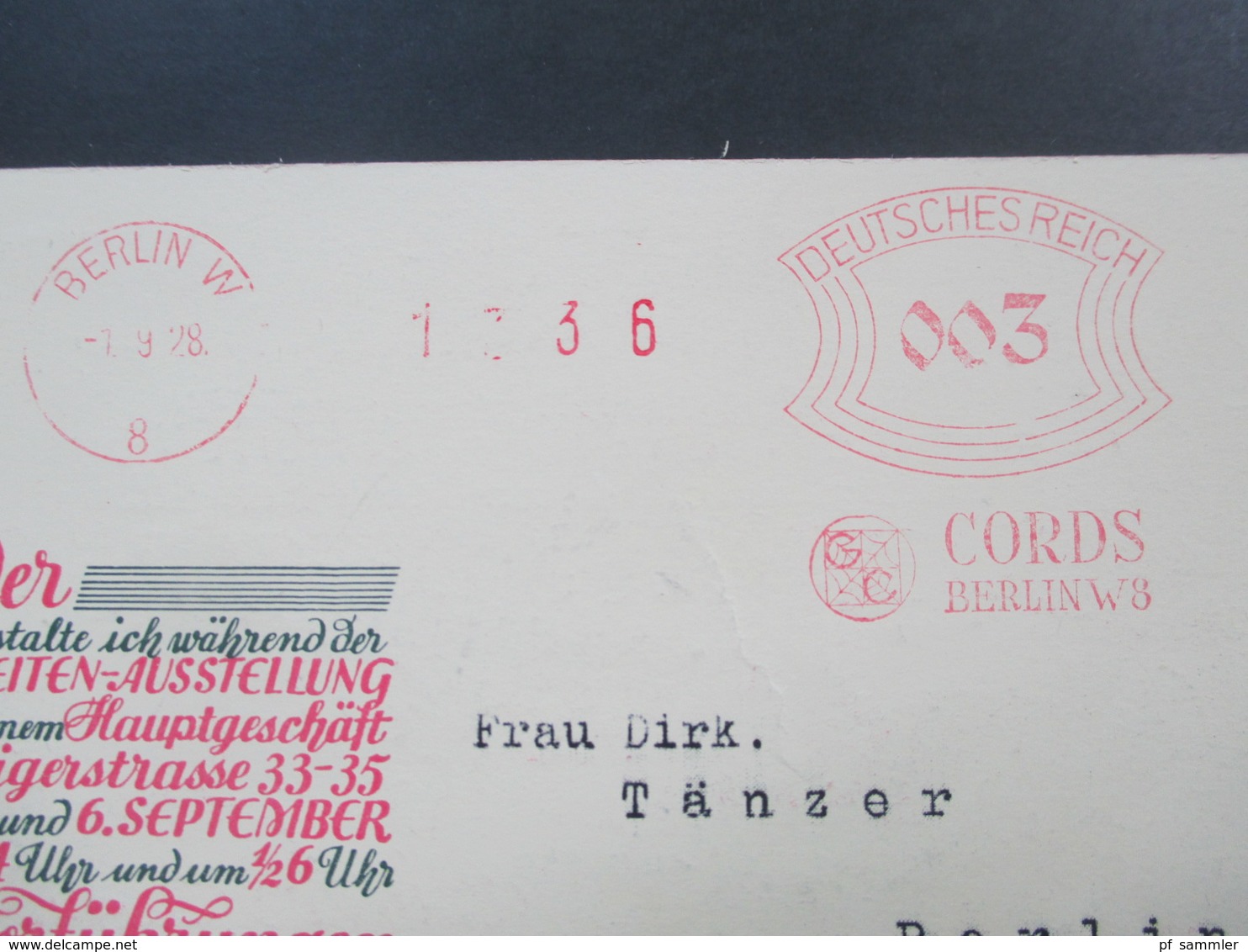 DR 1928 Werbepostkarte Cords Berlin W 8 Einladung Zur Präsentation Der Stoffneuheiten! Kleiderstoffe. Roter Freistempel - Werbepostkarten