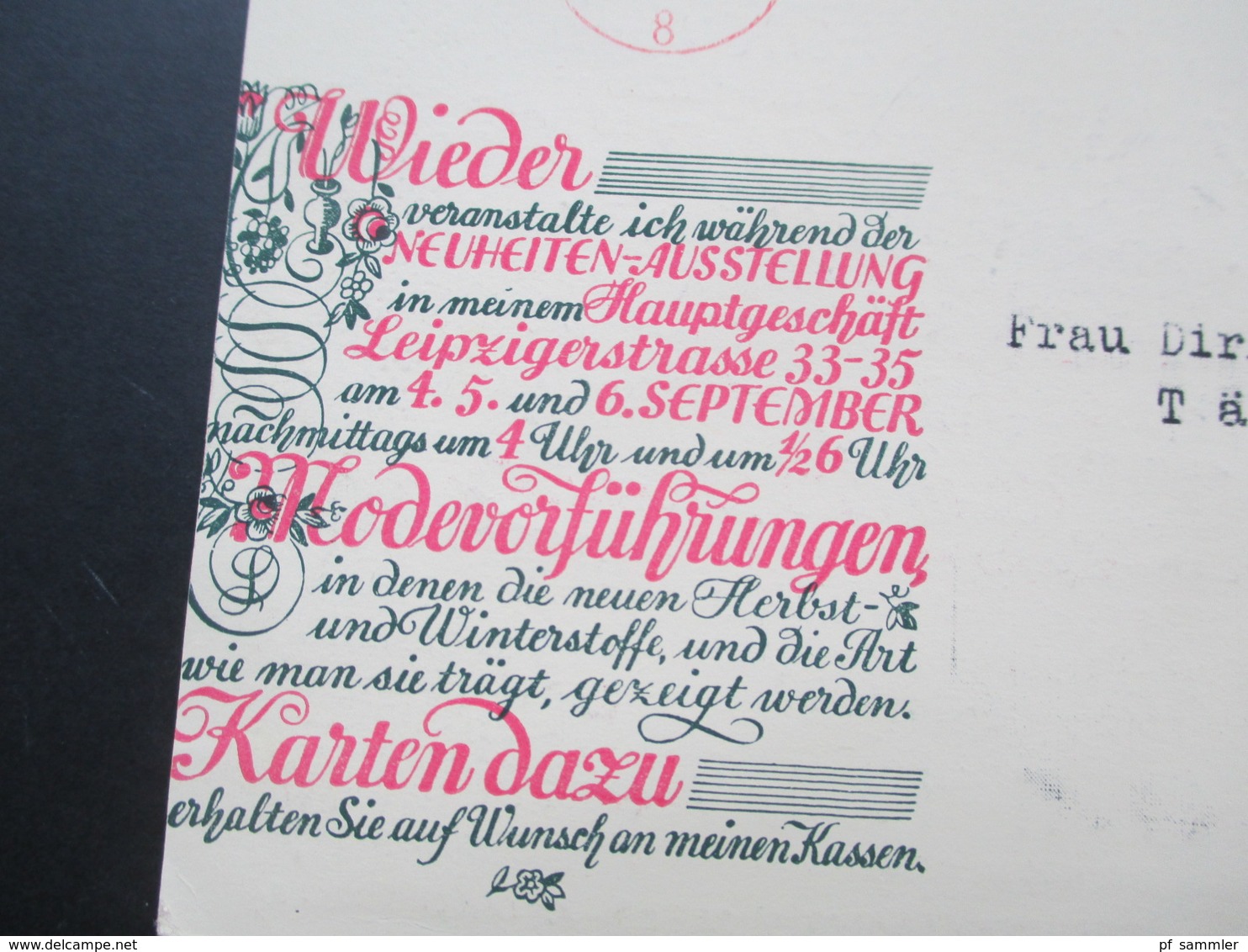 DR 1928 Werbepostkarte Cords Berlin W 8 Einladung Zur Präsentation Der Stoffneuheiten! Kleiderstoffe. Roter Freistempel - Advertising