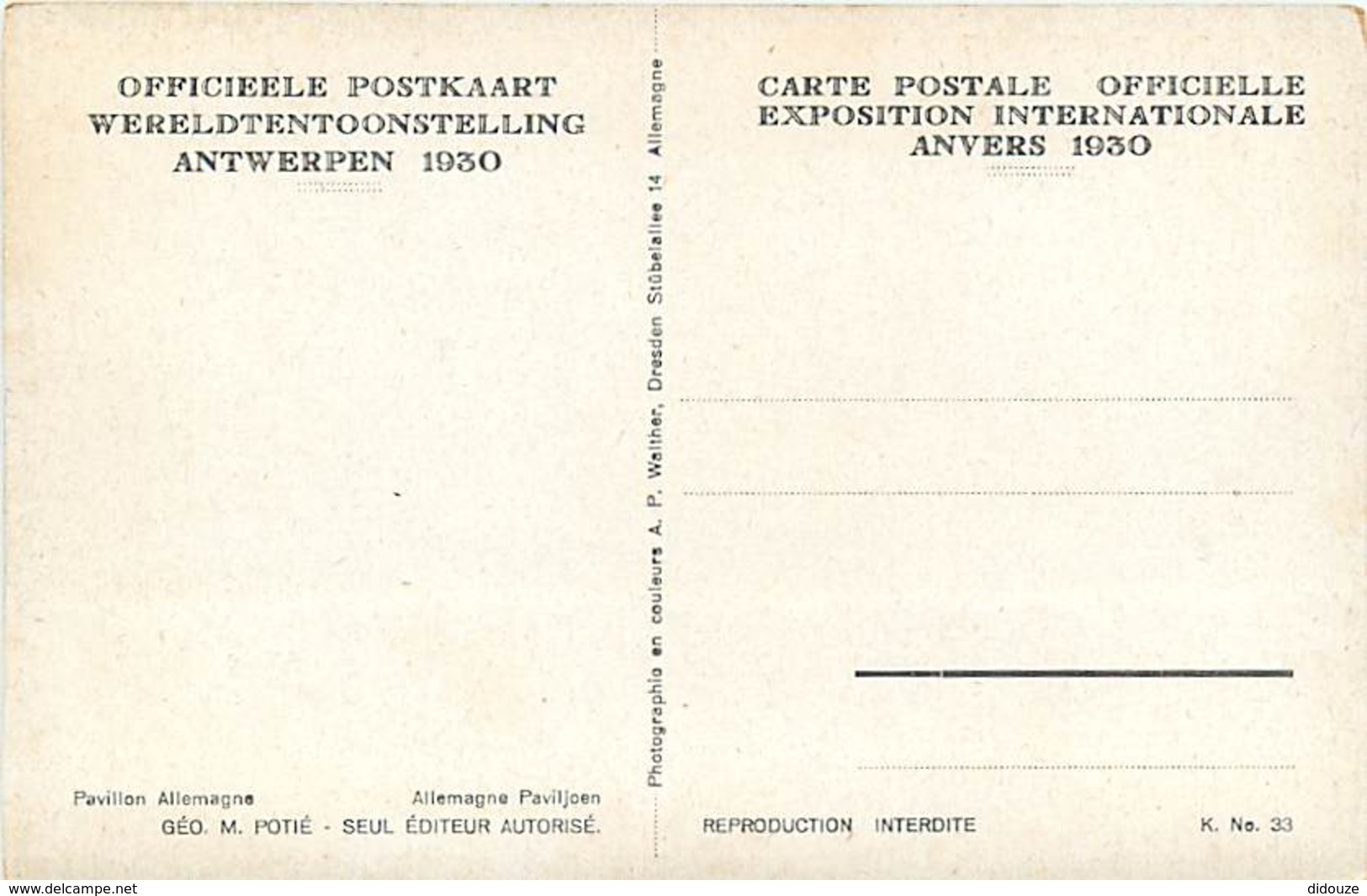 Belgique - Anvers - Antwerpen - Carte Postale Officielle Exposition Internationale De 1930 - Pavillon Allemagne - Carte - Antwerpen