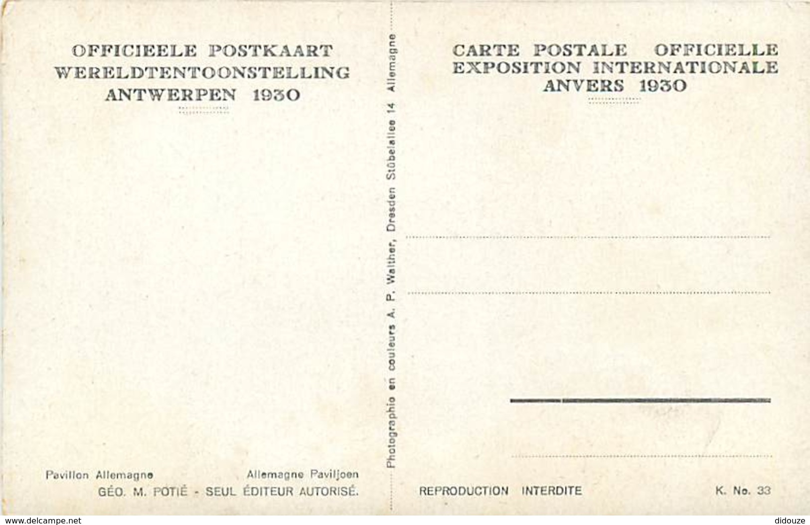 Belgique - Anvers - Antwerpen - Carte Postale Officielle Exposition Internationale De 1930 - Pavillon Allemagne - Carte - Antwerpen