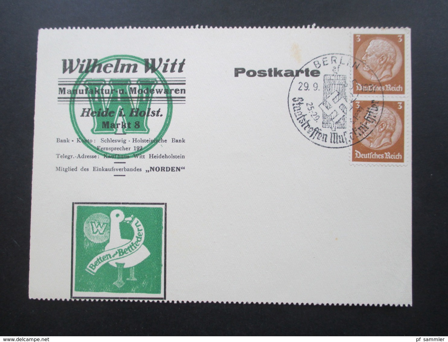 AK Werbepostkarte 1937 Wilhelm Witt Modeware / Betten / Bettfedern. SST Berlin Staatstreffen Mussolini - Hitler - Advertising