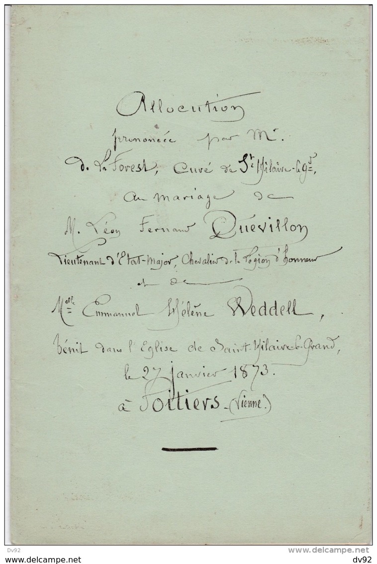 POITIERS ALLOCUTION DE MONSIEUR DE LA FOREST CURE DE SAINT HILAIRE LE GRAND POUR LE MARIAGE DU LIEUTENANT QUEVILLON - Poitou-Charentes