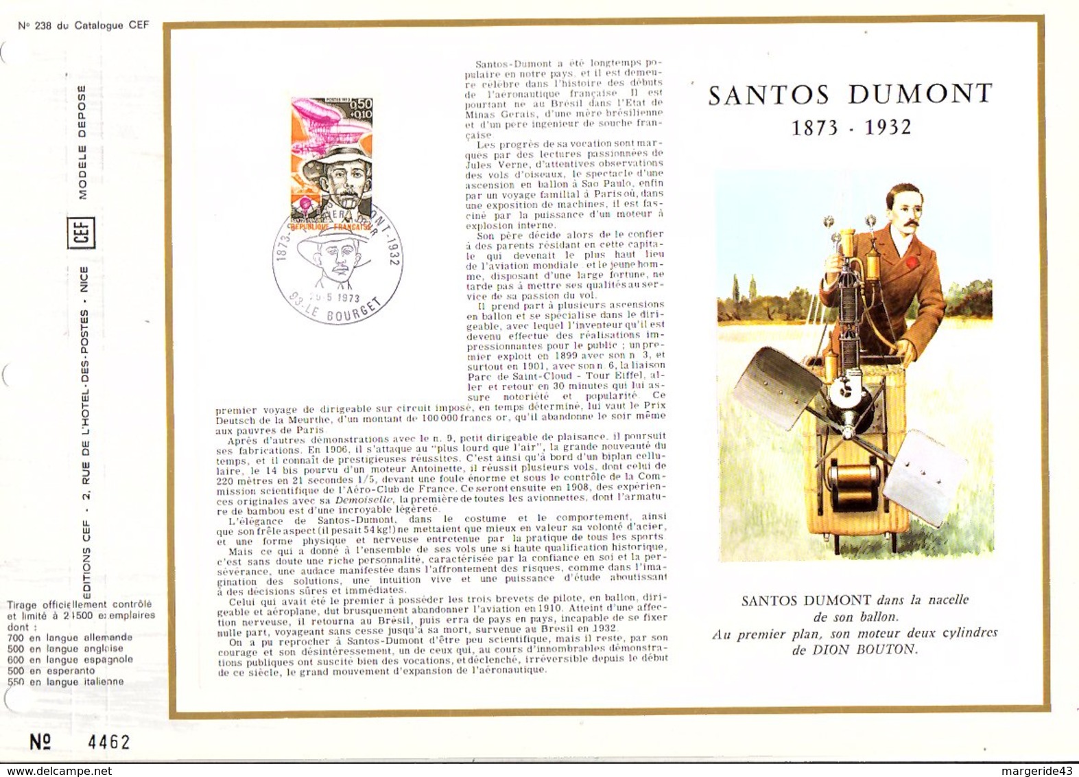 DOCUMENT OFFSET FDC 1973 AVIATION SANTOS DUMONT - 1970-1979