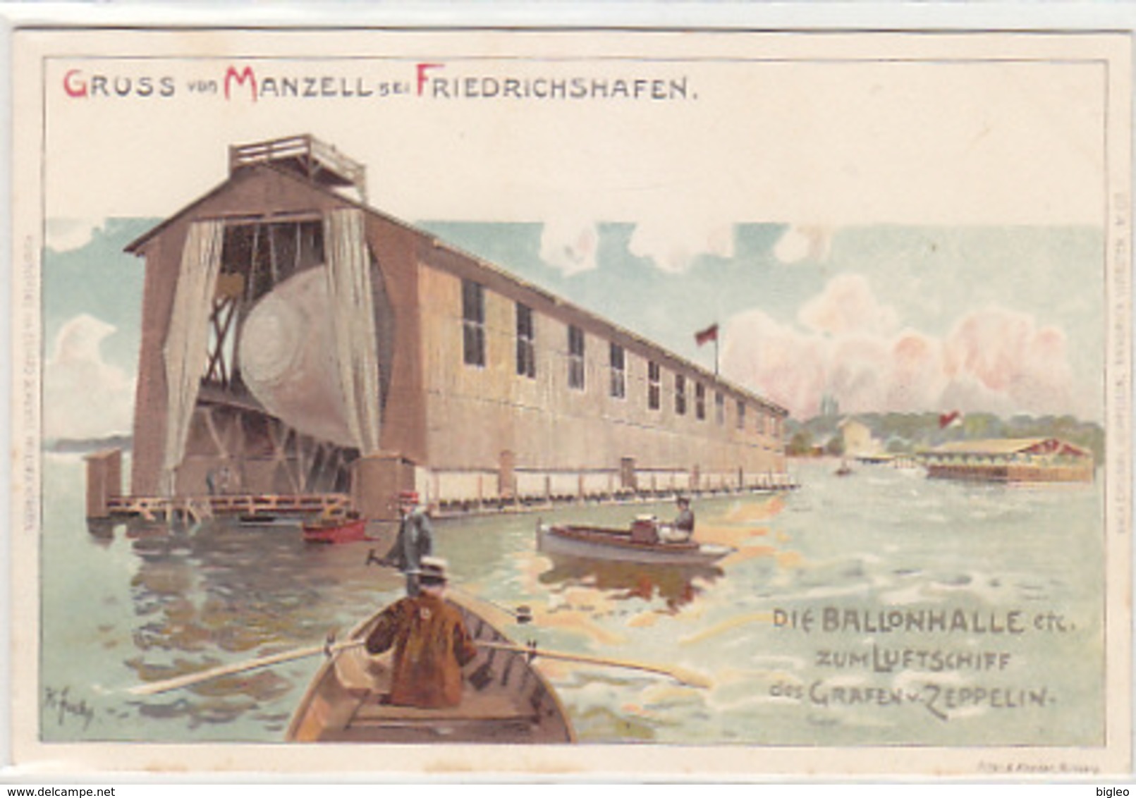 Gruss Aus Manzell - Ballonhalle Zum Zeppelin-Luftschiff - Litho - Signiert             (A-80-170615) - Dirigibili