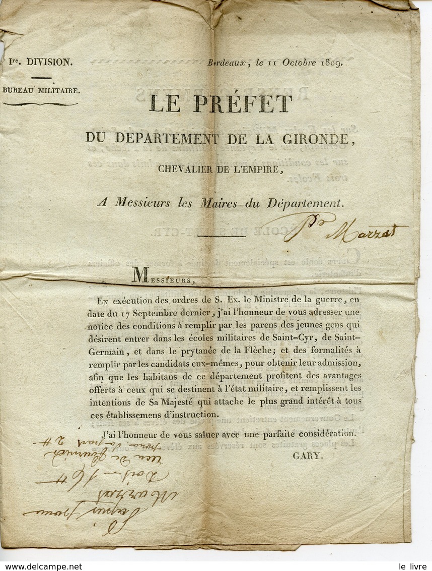 GIRONDE 33 CIRCULAIRE DU PREFET BORDEAUX 1809 CONDITIONS POUR ENTRER A ST CYR, St GERMAIN ET PRYTANEE DE LA FLECHE - Décrets & Lois