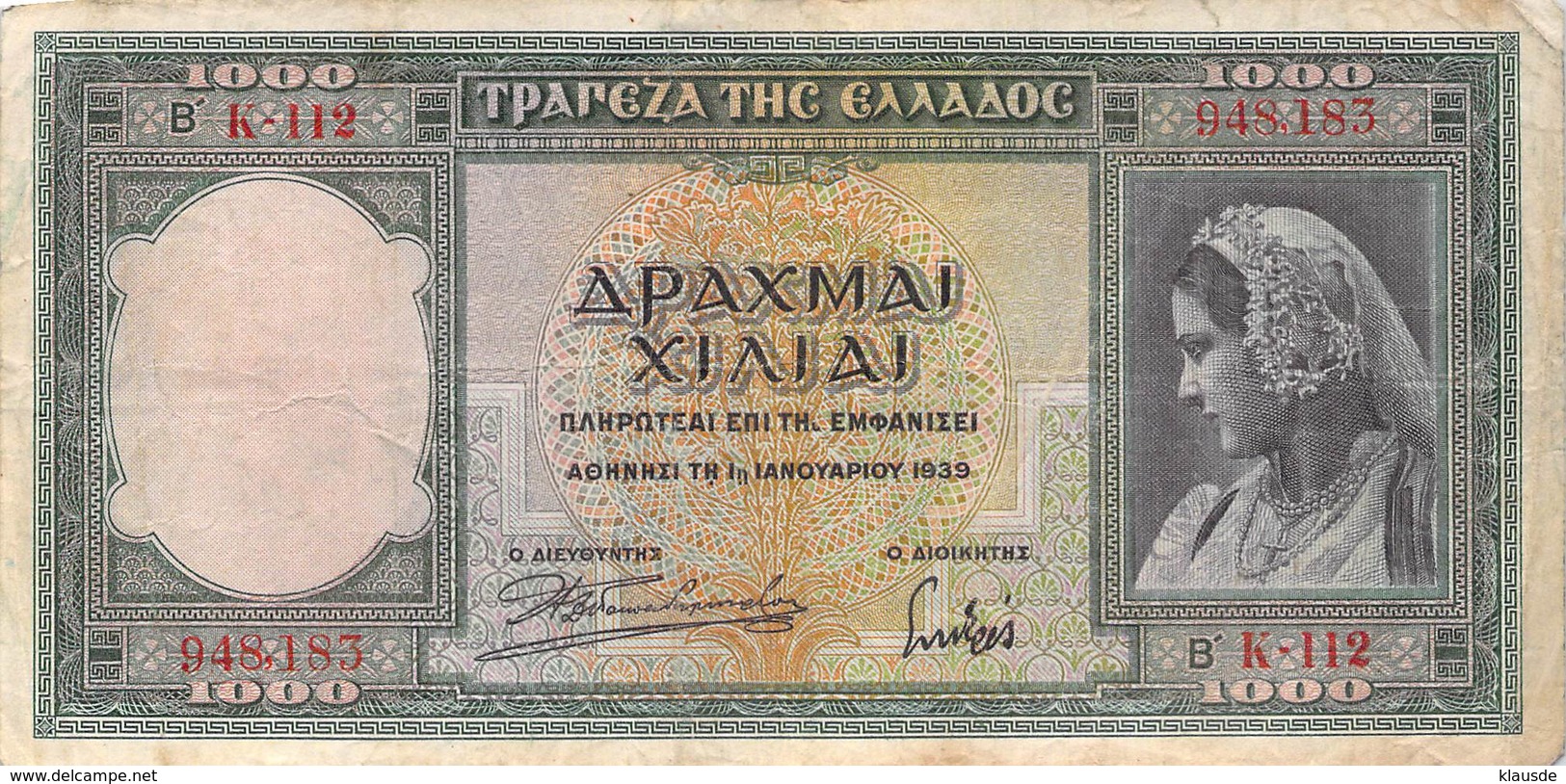 1000 Drachmen Griechenland 1939 VG/G (IV) - Griekenland