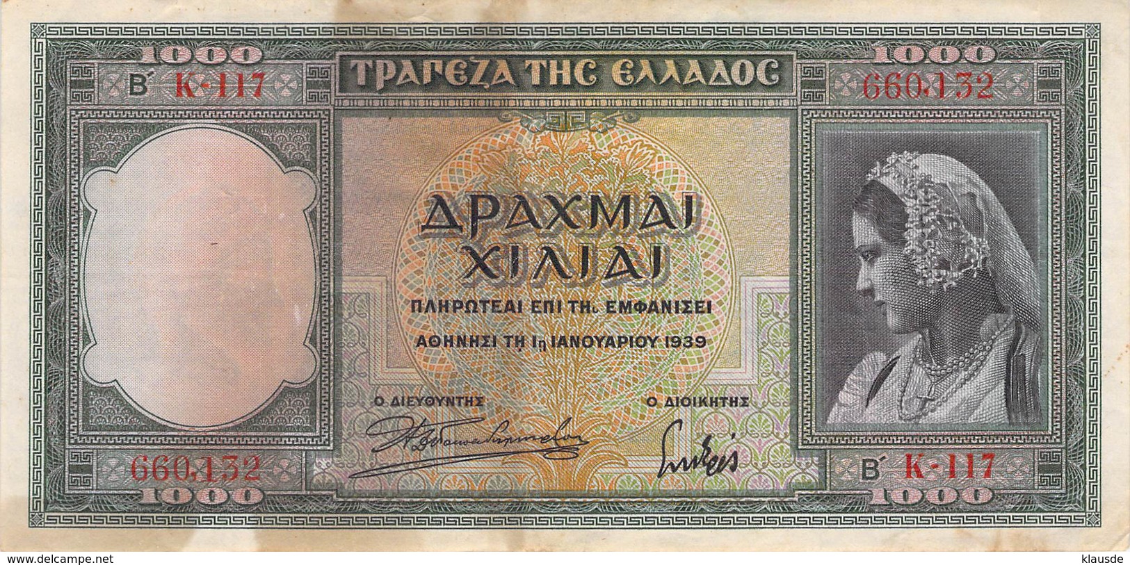 1000 Drachmen Griechenland 1939 AU/EF (II) - Griechenland