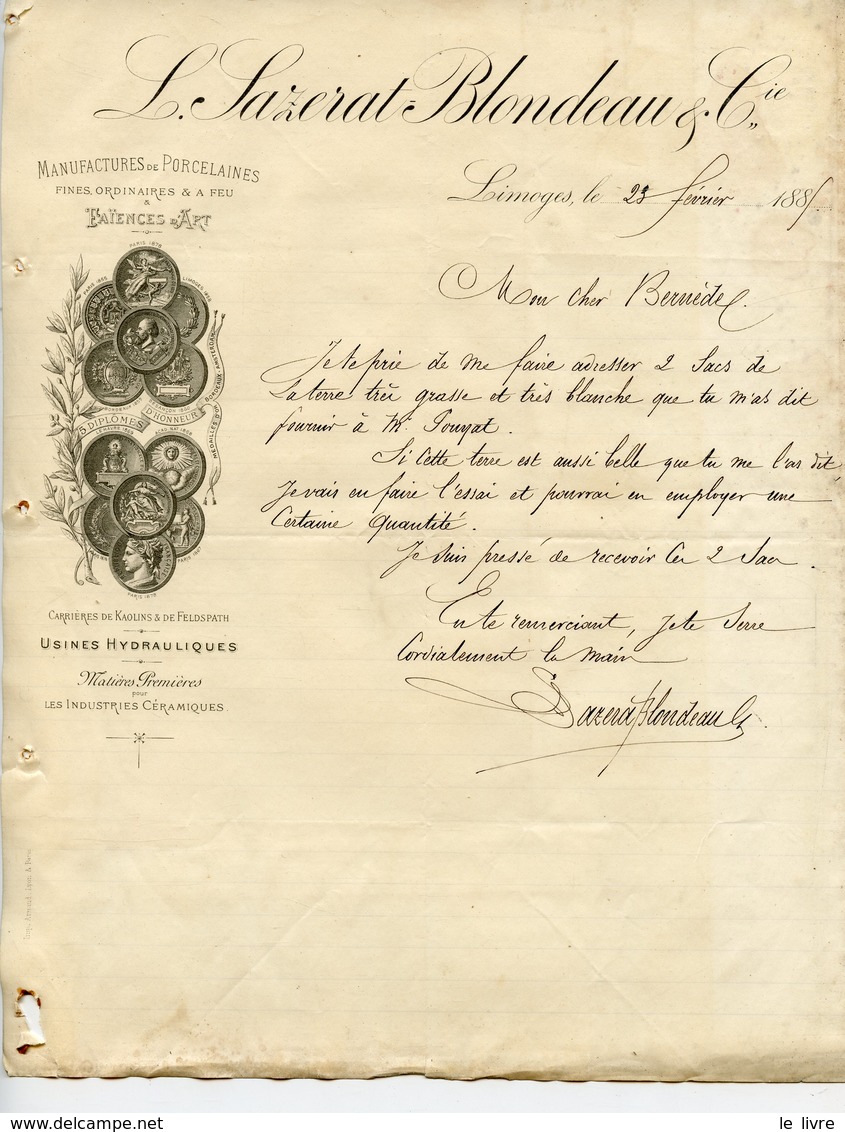 PORCELAINE DE LIMOGES FACTURE CORRESPONDANCE COMMERCIALE. SAZERAT BLONDEAU 1885 - 1800 – 1899