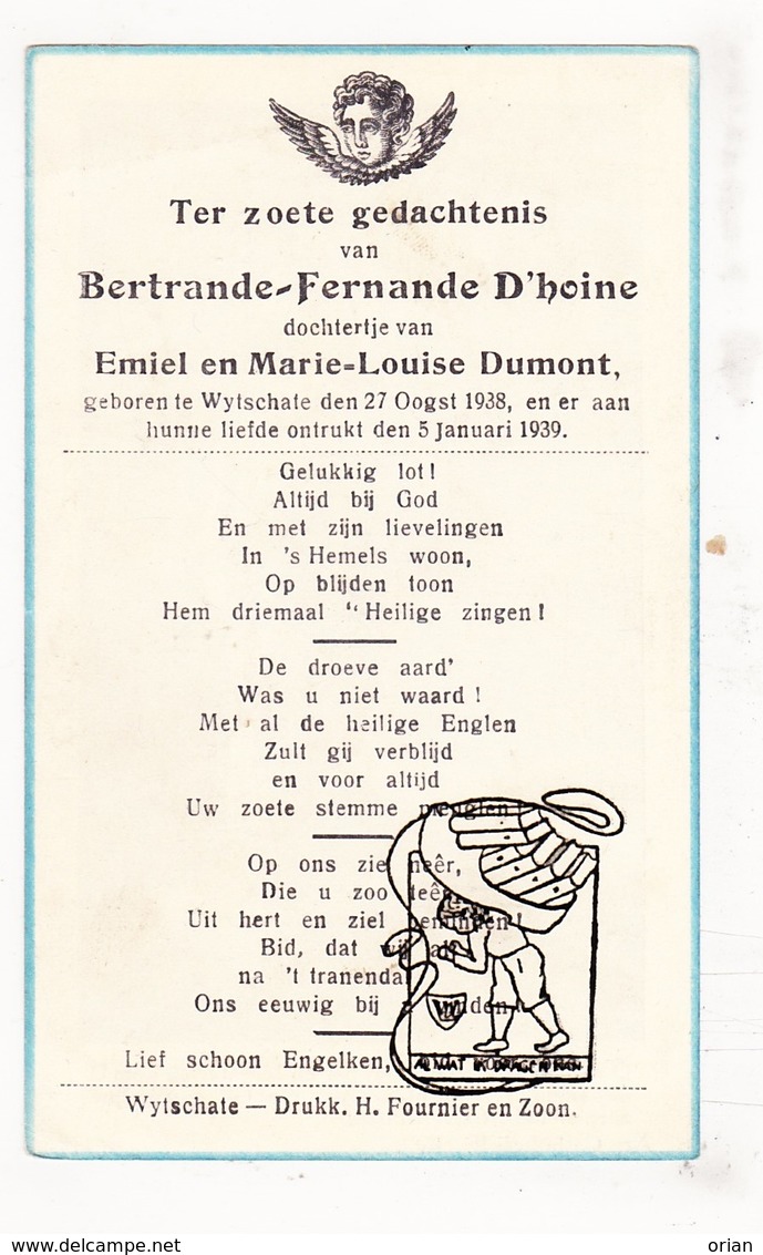 DP Bertrande Fernande D'Hoine / Dumont ° Wijtschate Heuvelland 1938 † 1939 - Images Religieuses
