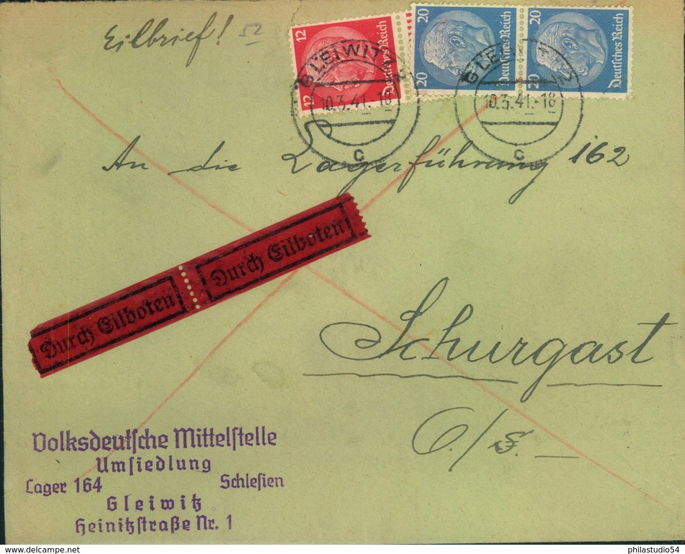 1941, Eilbrief Ab Glewitz "Volksdeutsche Mittelstelle" Lager 164 (Bessarabienseutsche)  An Lager 162 - Sonstige & Ohne Zuordnung