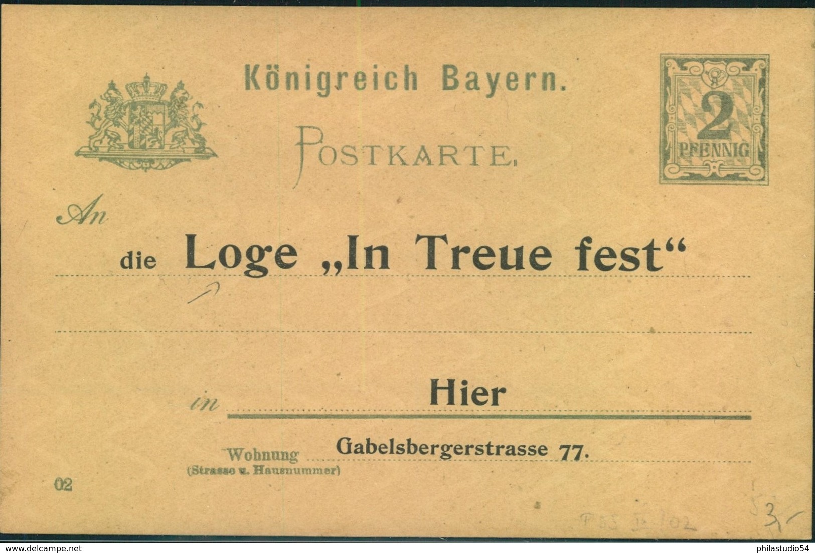 1902, BAYERN, 2 Pfg. Pribatganzache "Loge "In Treue Fest" - Franc Maçon , Freemason - Vrijmetselarij