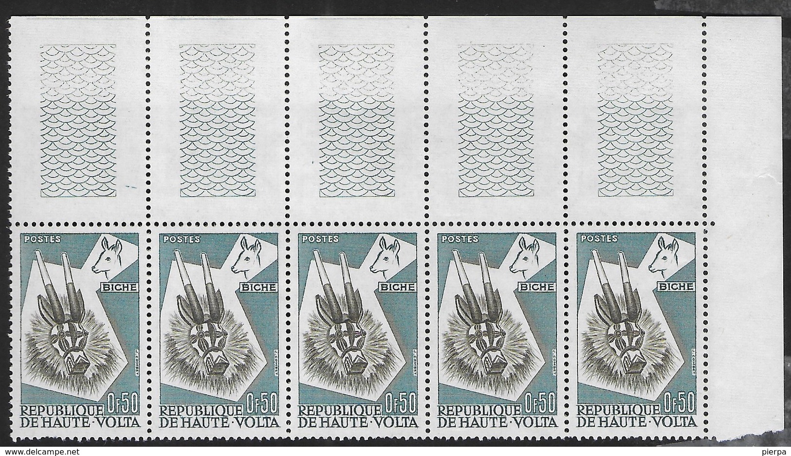 ALTO VOLTA - 1960 - SERIE MASCHERE - BLOCCO DI 5 VAL. - ANGOLO DI FLOGIO - NUOVO MNH*** (YVERT 73 - MICHEL 73= - Alto Volta (1958-1984)