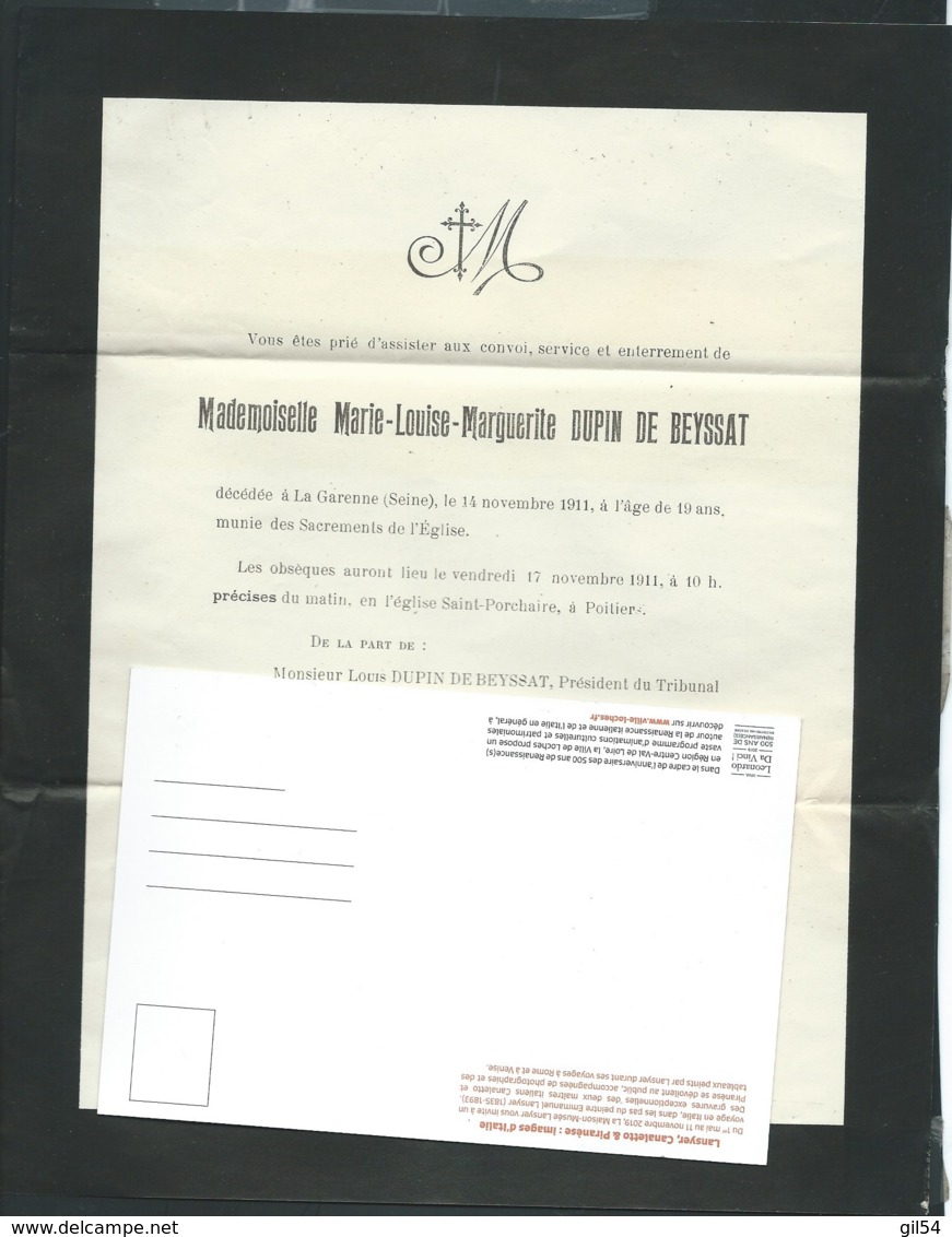 La Garenne ( Seine )   - F.P. Décès De Mme  Marie Louise Marguerite Dupin De Beyssat Le 17/11/1911    Mald6504 - Obituary Notices