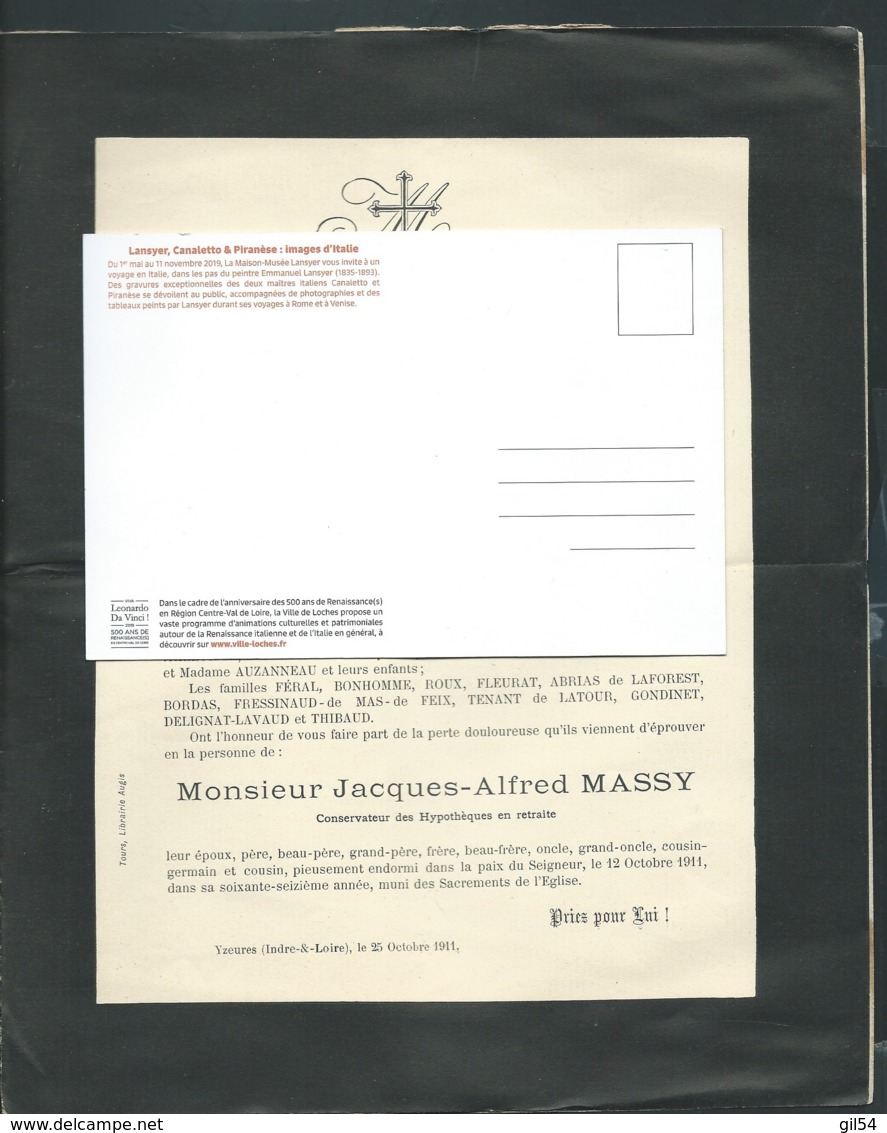 Yzeures ( 37 )  - F.P. Décès De M Jacques Alfred Massy Conservateur Des Hypothèques , Le 12/10/1911   Mald6507 - Avvisi Di Necrologio