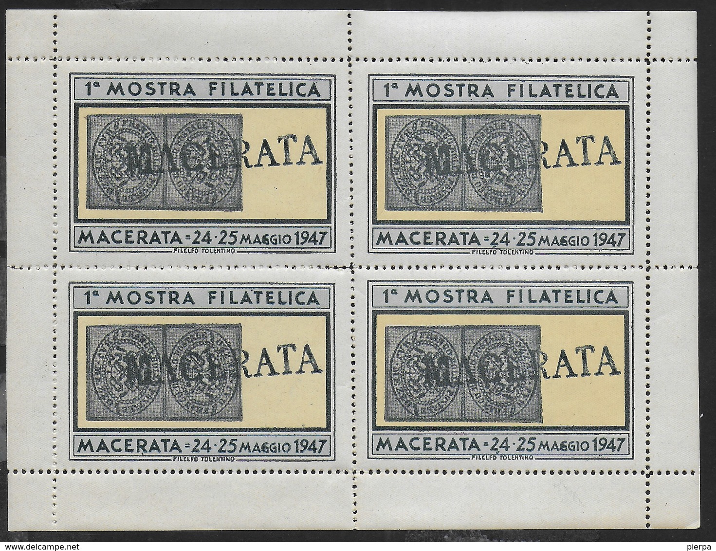 1947 - FOGLIETTO CON 4 CHIUDILETTERA - 1a MOSTRA FILATELICA MACERATA 24/25 MAGGIO 1947 - NUOVO MNH** - Erinnofilia