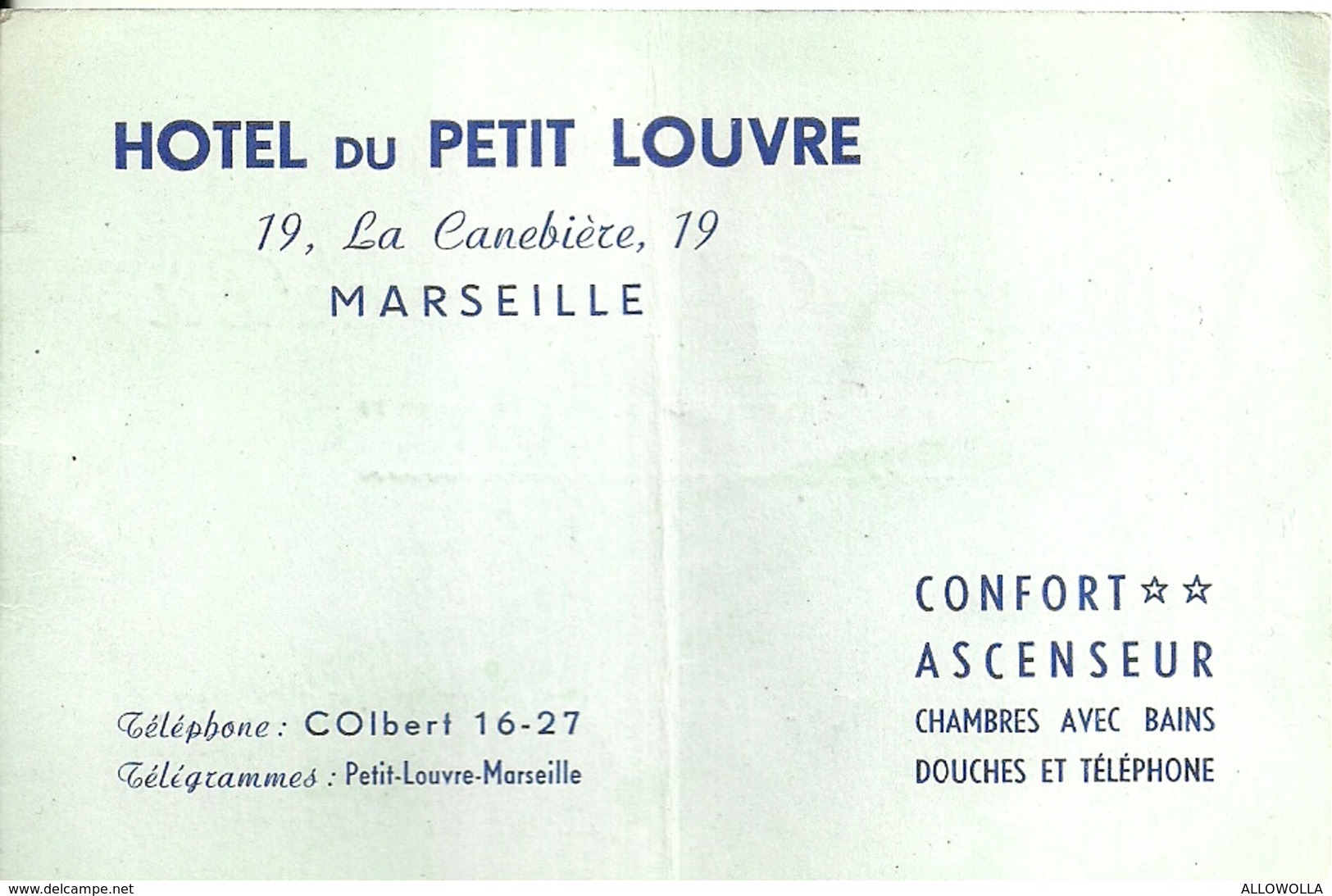 4087 "HOTEL DU PETIT LOUVRE-MARSEILLE-CONFORT 2 STELLE-ASCENSEUR-CHAMBRESS AVEC BAINS,DOUCHES ET TELEPHONE "  ORIGINALE - Cartoncini Da Visita